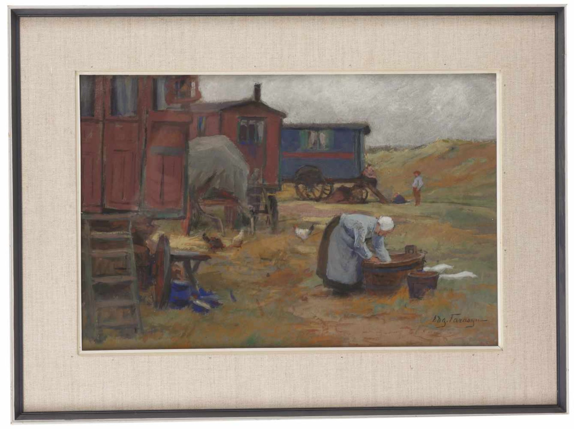 Edgar Farasyn (Antwerpen 1858 - 1938) , Een zigeunerkamp in de duinen, Katwijk aan Zee. - Image 2 of 5
