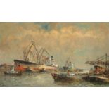 Joop Molenaar (Rotterdam 1914 - 1990). Vrachtschepen in de Rotterdamse haven.