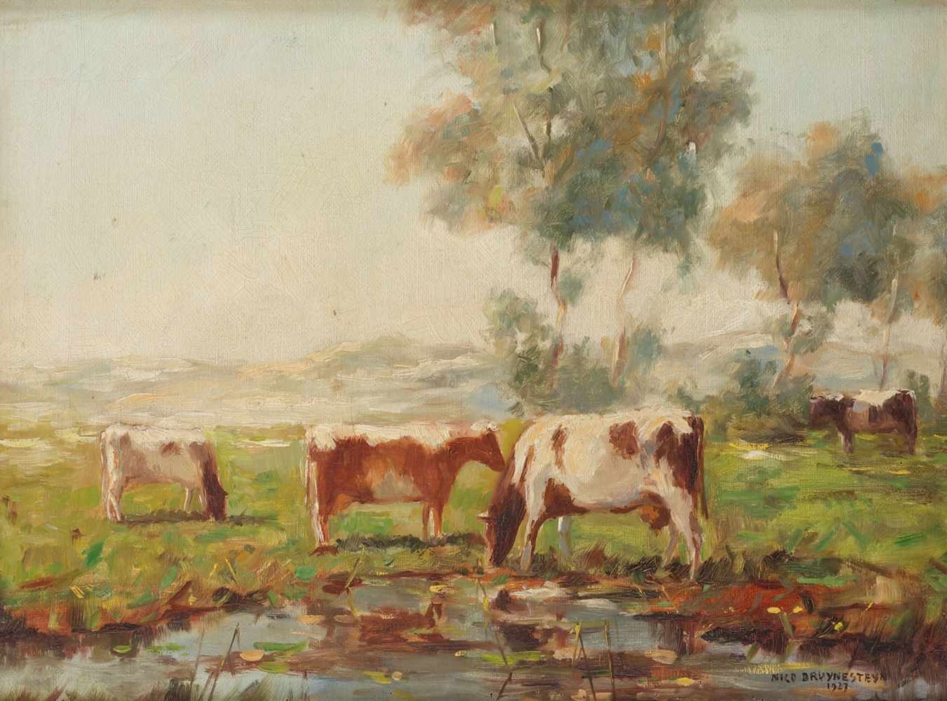 Nico Bruynesteyn (Nieuwer-Amstel, Amstelveen 1893 - 1950 Utrecht), Koeien bij de waterkant in een