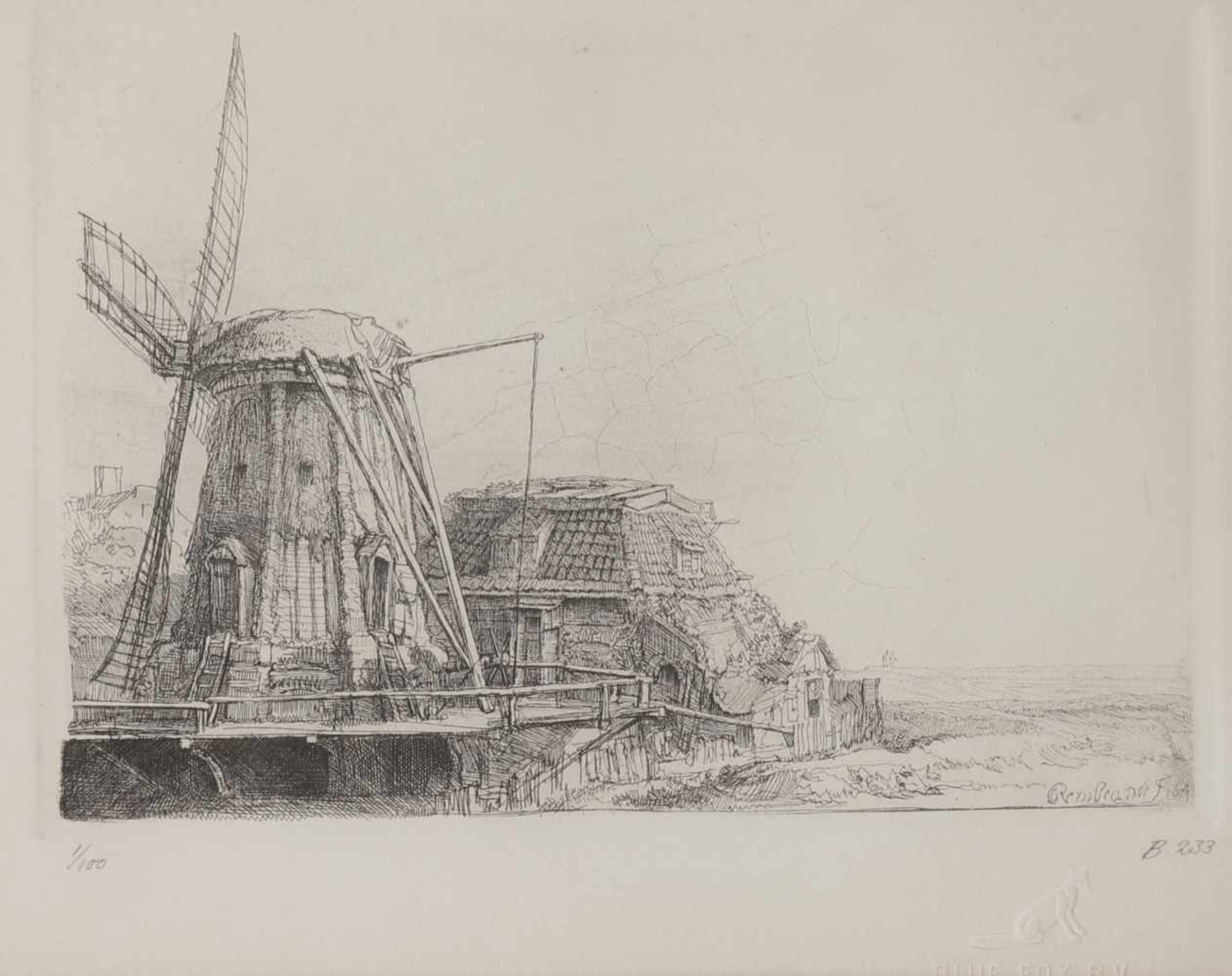 Naar Rembrandt Harmensz. van Rijn (Leiden 1606 - 1669 Amsterdam), De Molen, 1641,.