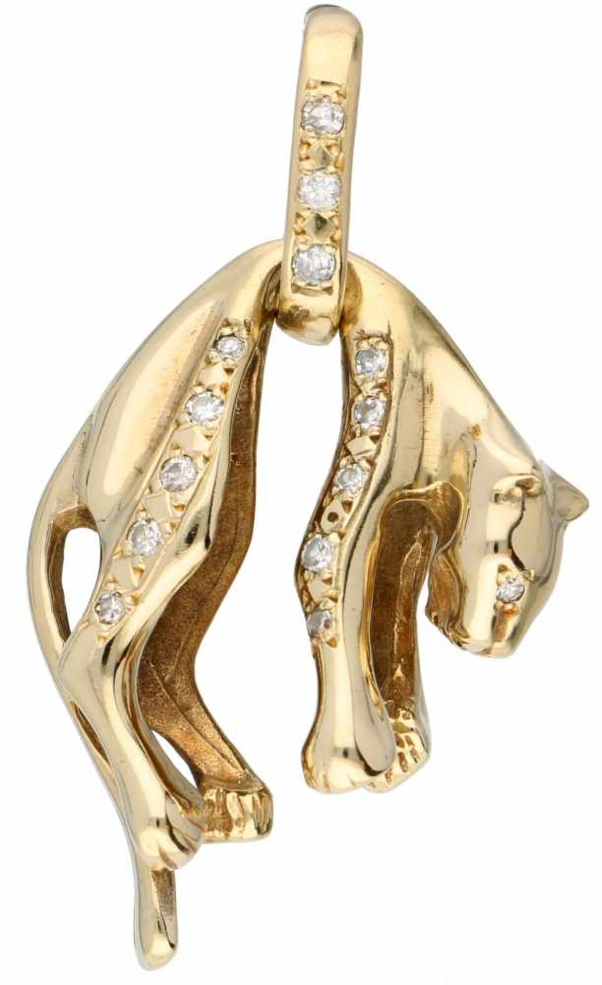 Geelgouden panter hanger, met ca. 0.21 ct. diamant - 14 kt.