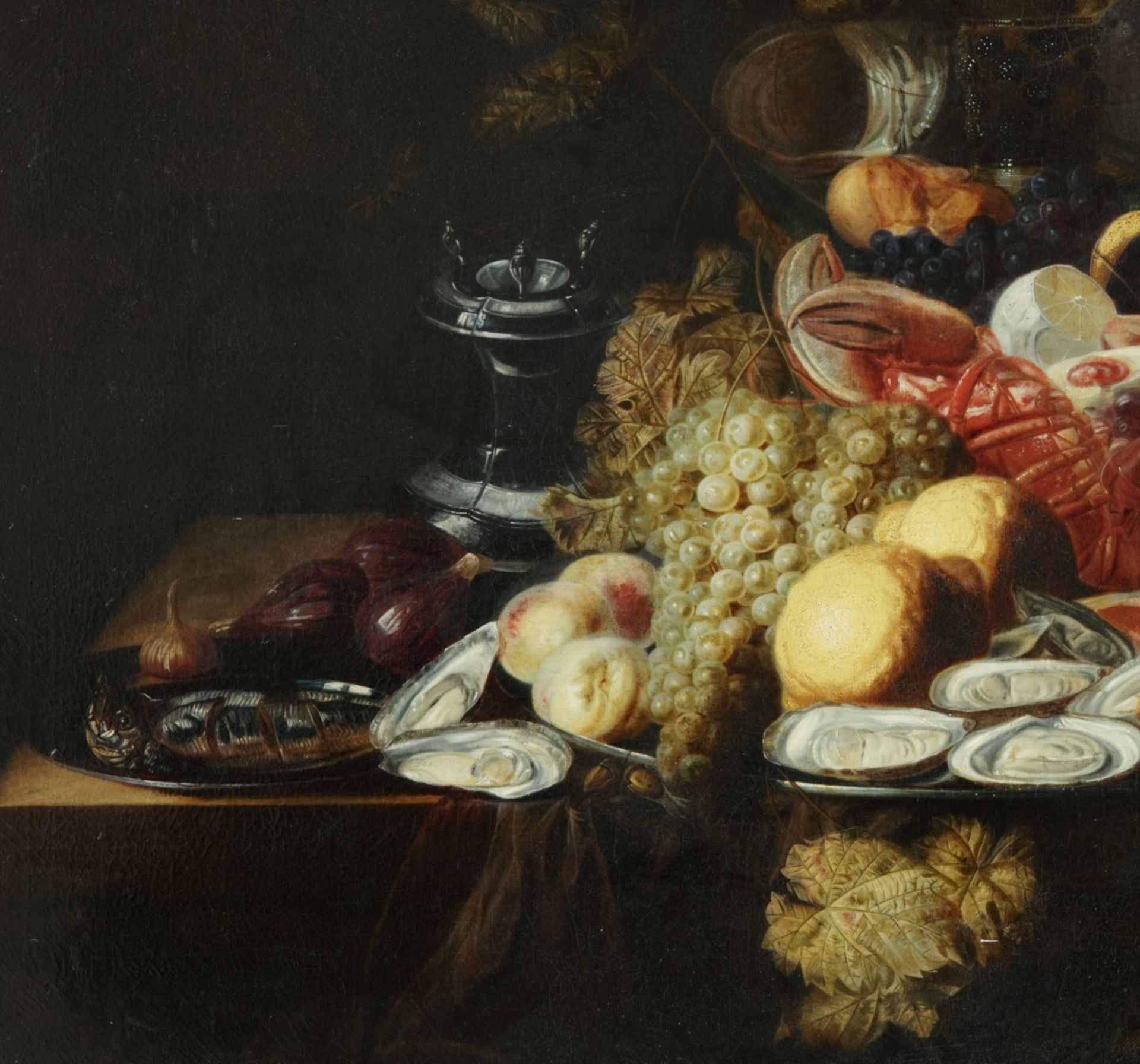 Hollandse School, 17e eeuw. Een pronkstilleven met roemer, zeevruchten en fruit - Bild 3 aus 5