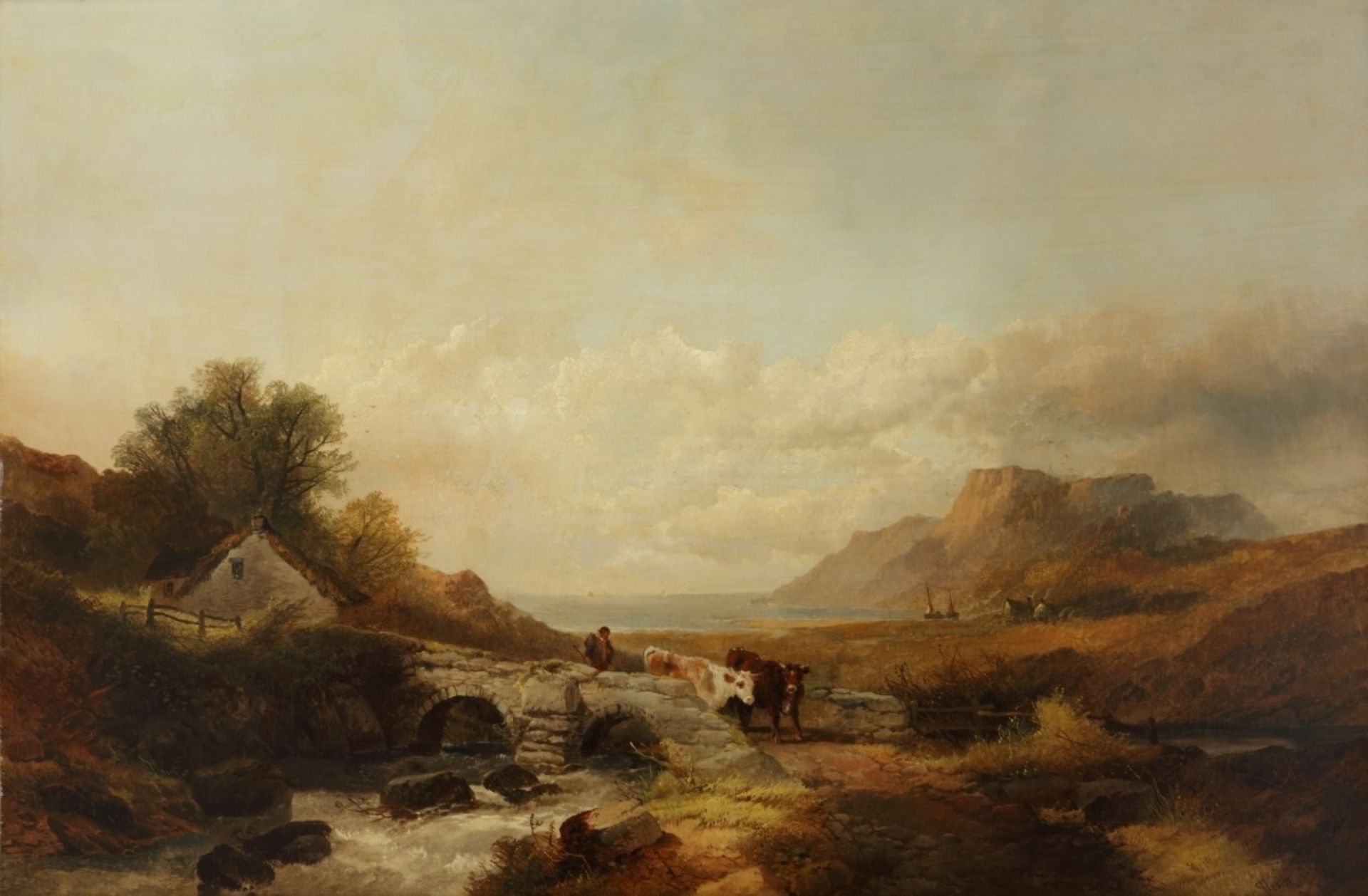 Joseph Horlor (Groot Brittannië 1809 - 1887), Een koehoeder op een stenen brug over en riviertje, e