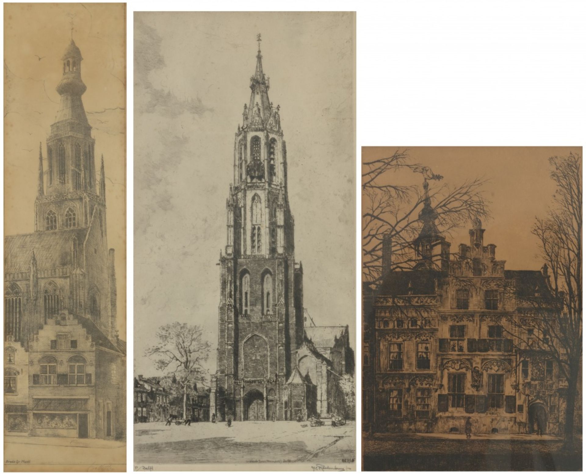 Een convoluut van twee etsen en een reproductie voorstelellende De Oude Delft te Delft, De Kerktoren