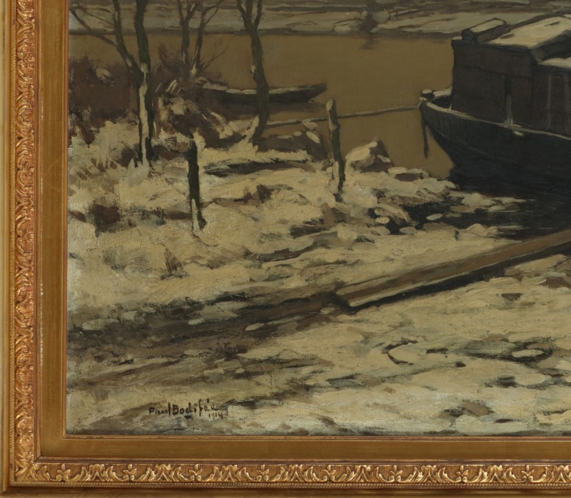 Paul Bodifée (Deventer 1866 - 1938), Een aak in de IJssel in winter. - Image 3 of 4