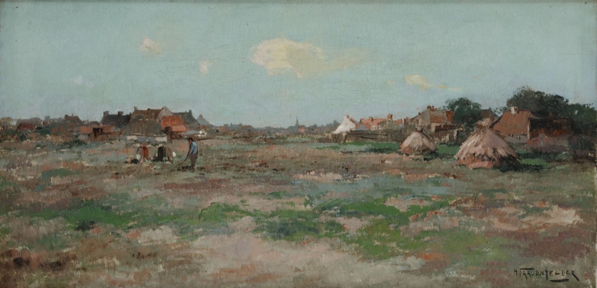 Hendrik Frauenfelder (Vught 1885 - 1922 Alkemade), Landarbeiders aan het werk nabij een dorpje.