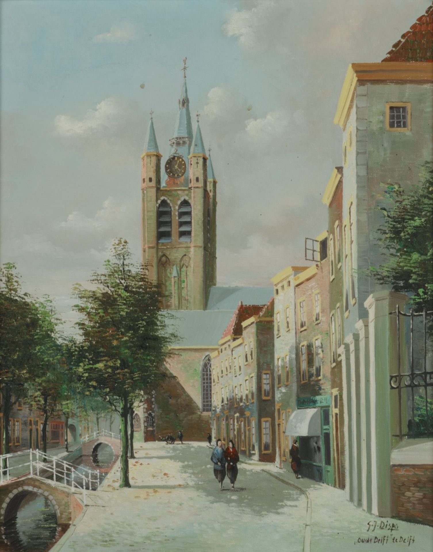 G.J. Dispo (1922 - 1973), Een stadsgezicht in Delft met de Oude Delft.