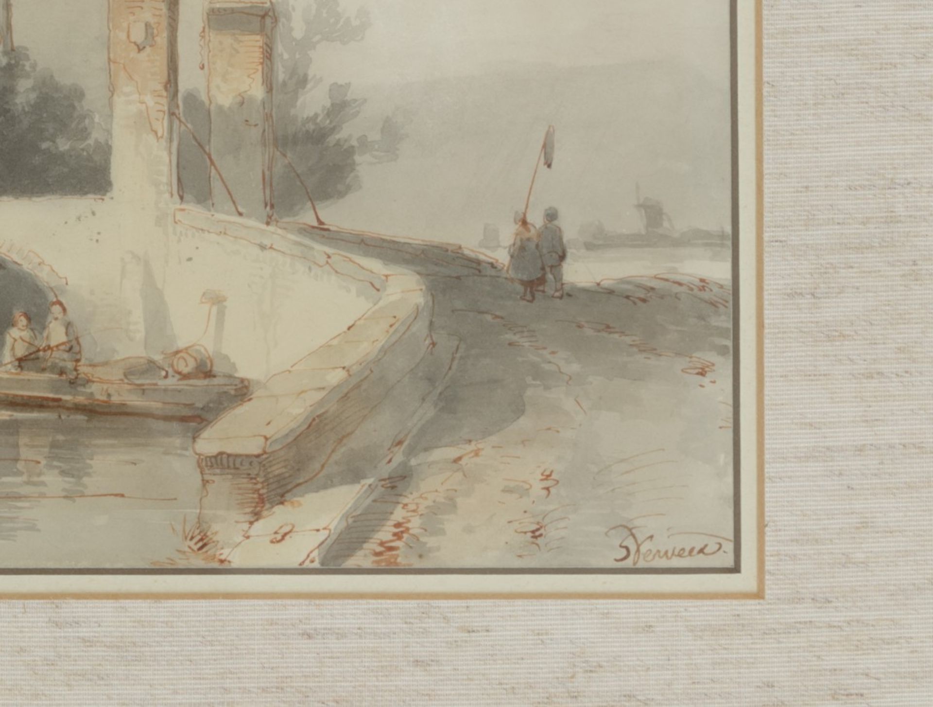 Samuel Leonardus Verveer (Den Haag 1813 - 1876), Figuren bij een stenen brug bij een versterkt huis. - Bild 2 aus 3