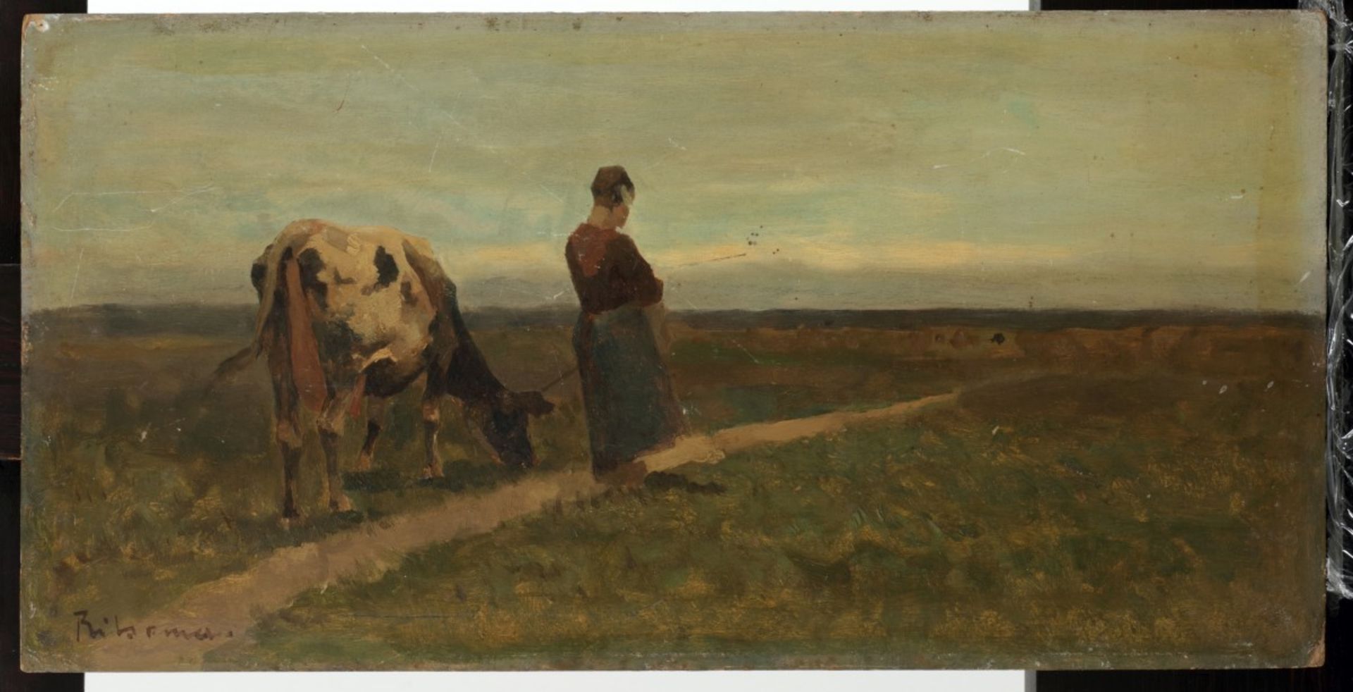 Jacob Ritsema (Haarlem 1869 - 1943 Laren), Een koehoedster met vee op een zandpad in het duin. - Image 2 of 4