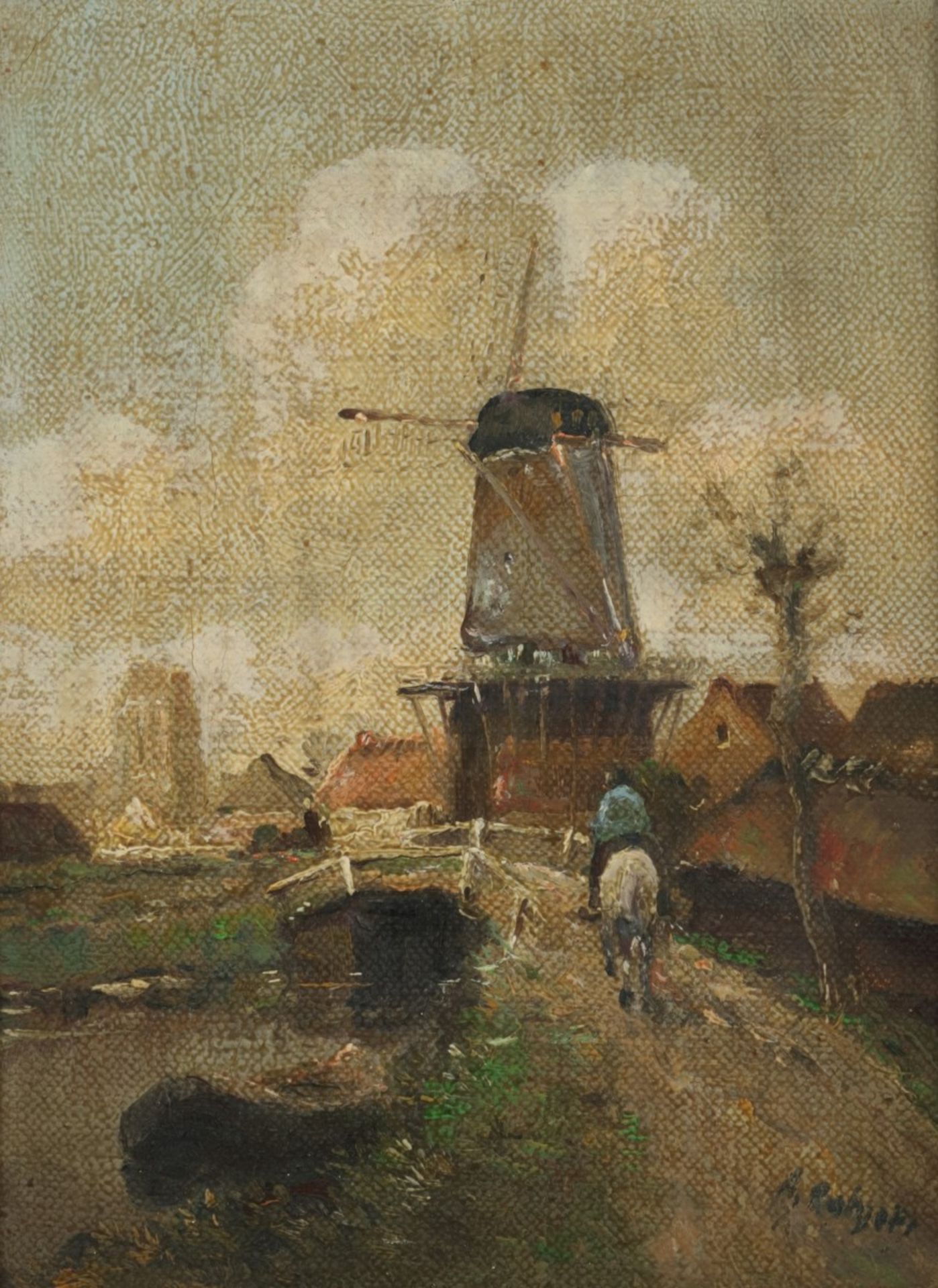 Naar Jacob Maris, 20e eeuw. Landschap met man op paard bij molen.