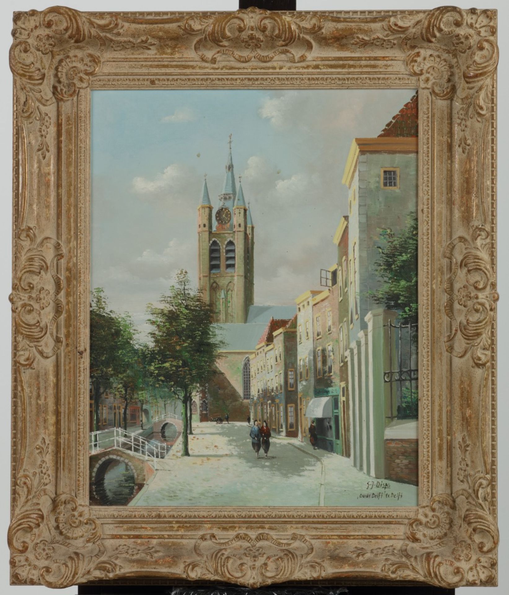 G.J. Dispo (1922 - 1973), Een stadsgezicht in Delft met de Oude Delft. - Image 2 of 4