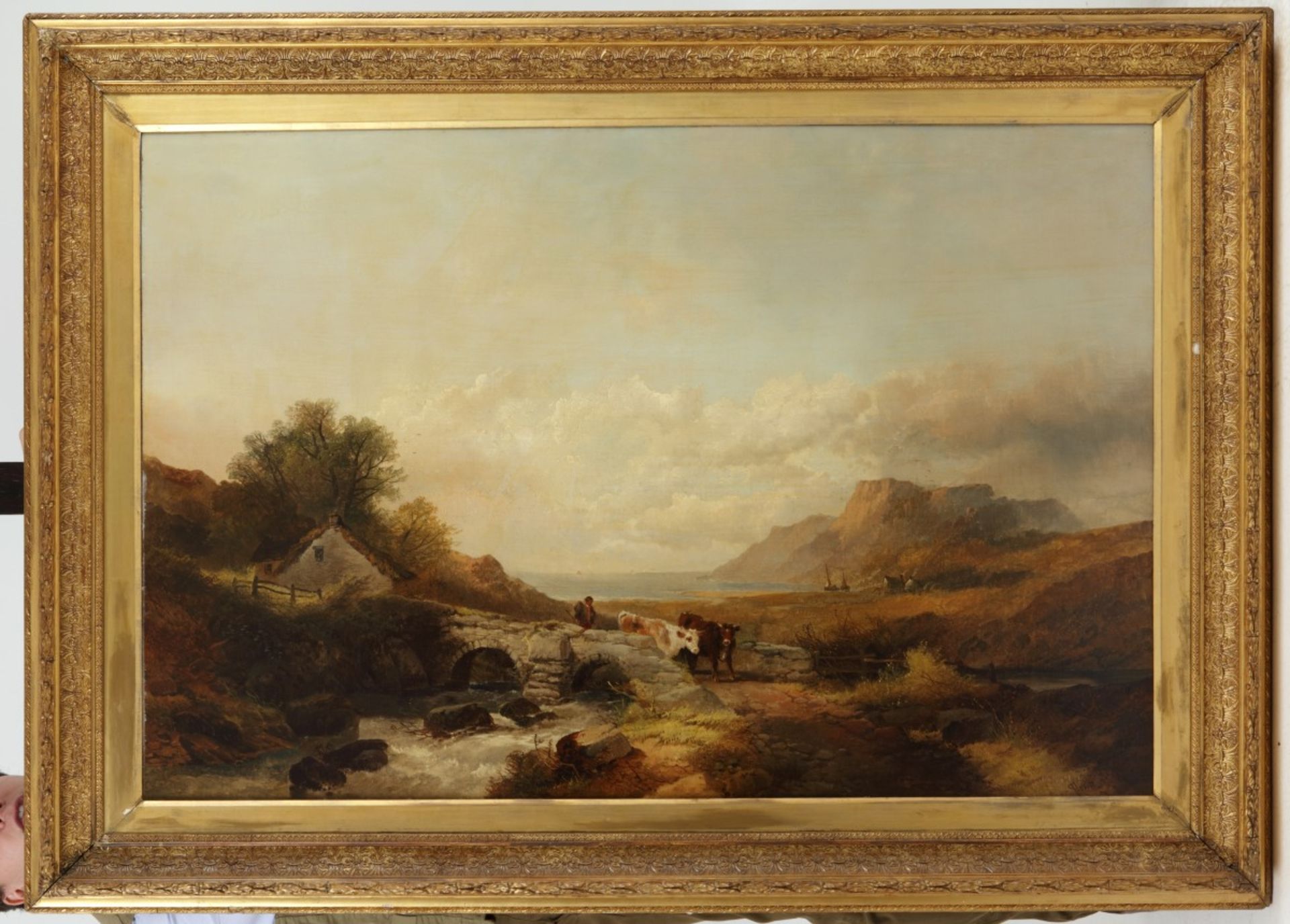 Joseph Horlor (Groot Brittannië 1809 - 1887), Een koehoeder op een stenen brug over en riviertje, e - Bild 2 aus 4