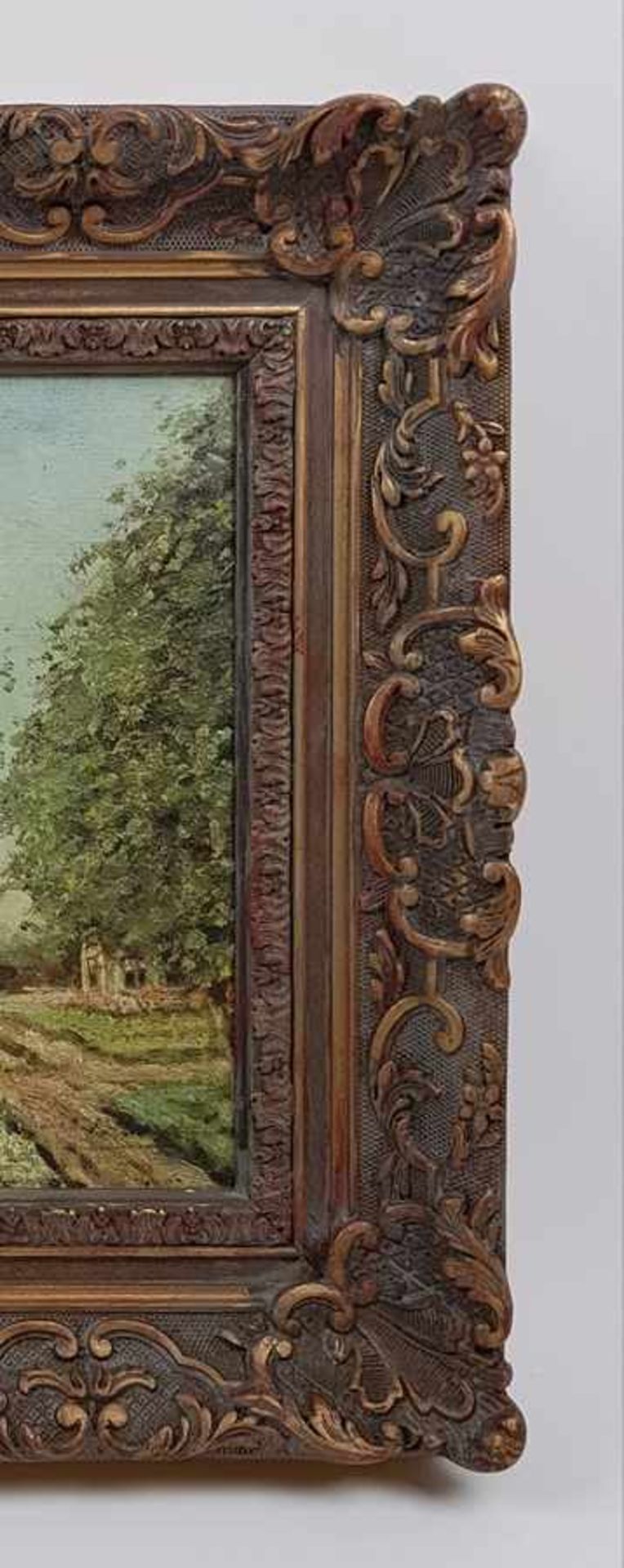 (Kunst) Schilderij, olieverf op paneelSchilderij, "Landschap met bollenvelden en molen", olieverf op - Image 3 of 4