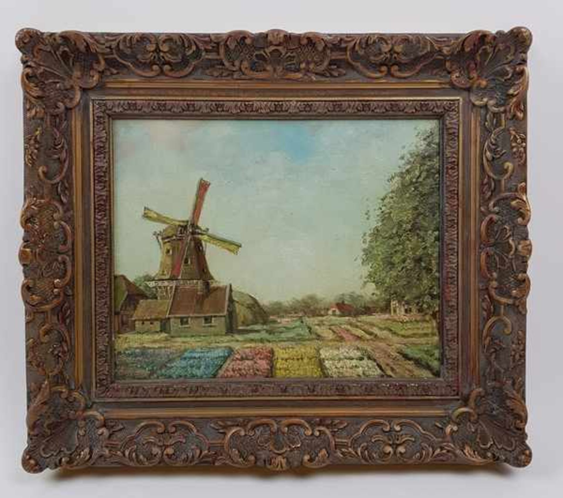 (Kunst) Schilderij, olieverf op paneelSchilderij, "Landschap met bollenvelden en molen", olieverf op