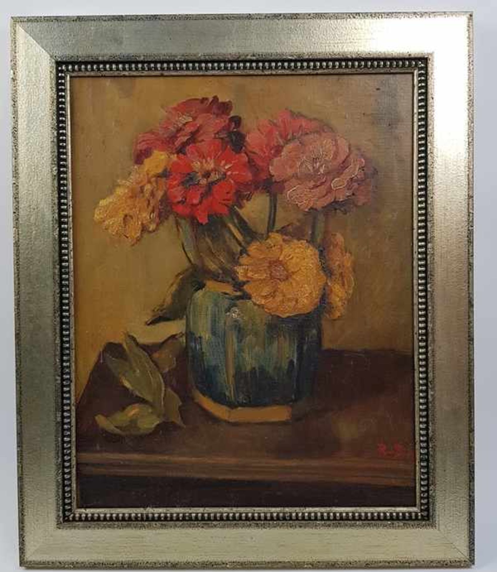 (Kunst) Schilderij, olieverf op doekStilleven "gemberpot met bloemen", olieverf op doek, rechts