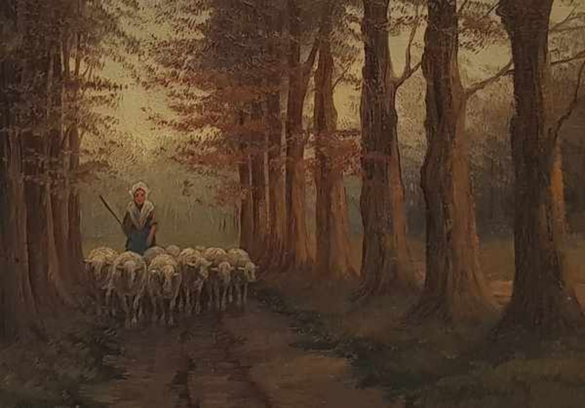 (Kunst) Schilderij, olieverf op paneel, gesigneerd J. de HerderSchilderij, herder met schapen in het - Image 2 of 4