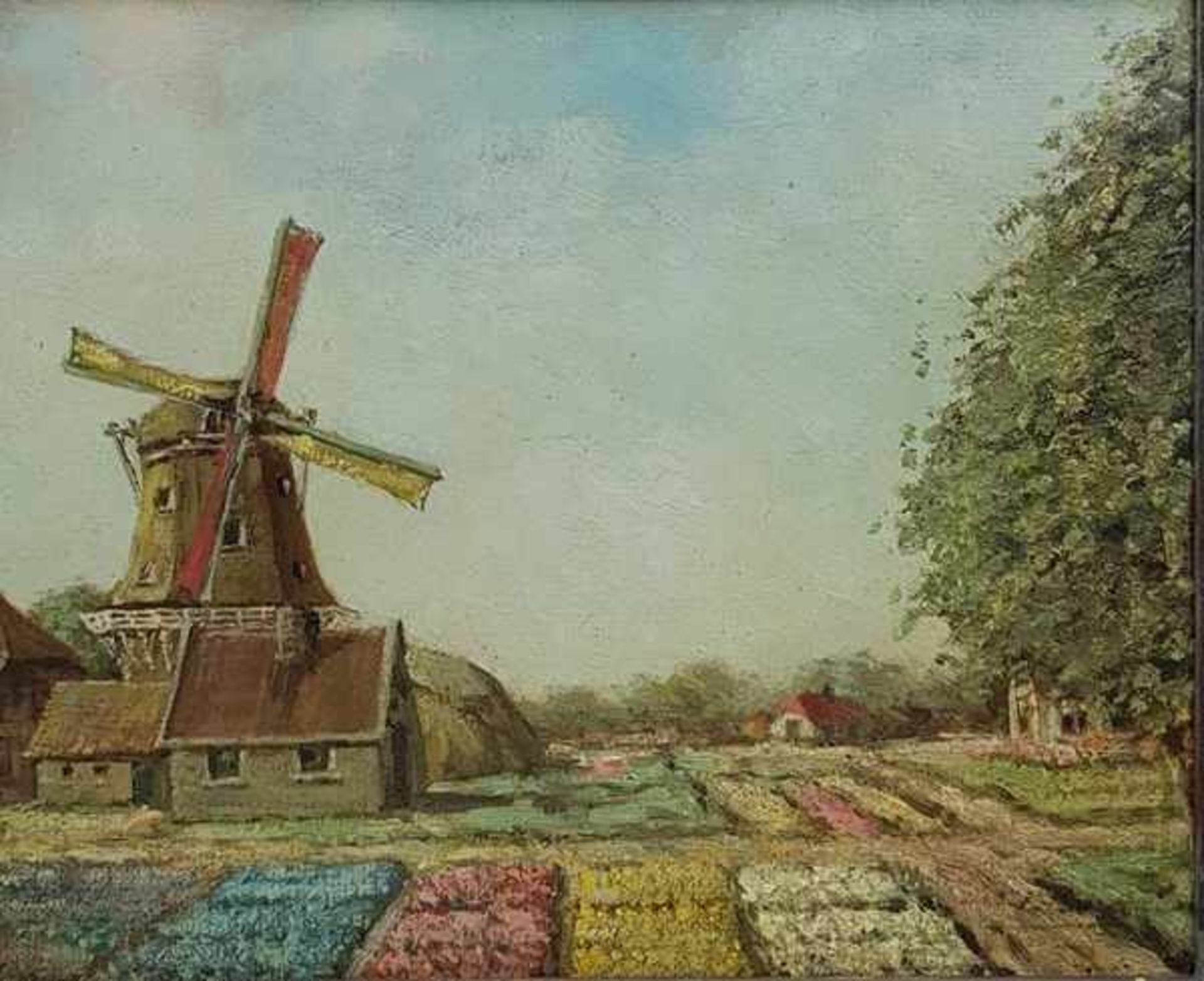 (Kunst) Schilderij, olieverf op paneelSchilderij, "Landschap met bollenvelden en molen", olieverf op - Image 2 of 4