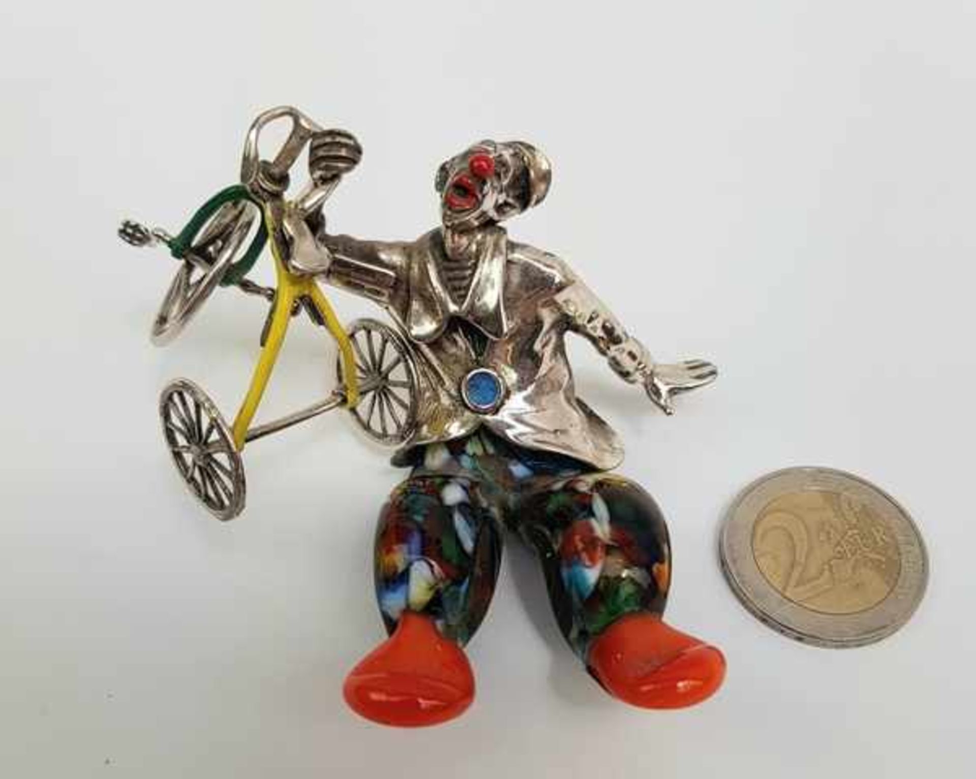 (Design) Zilveren/murano glas clown met fiets, Vittorio Ancini ItaliëZilveren clown, 925/1000, met - Bild 3 aus 10