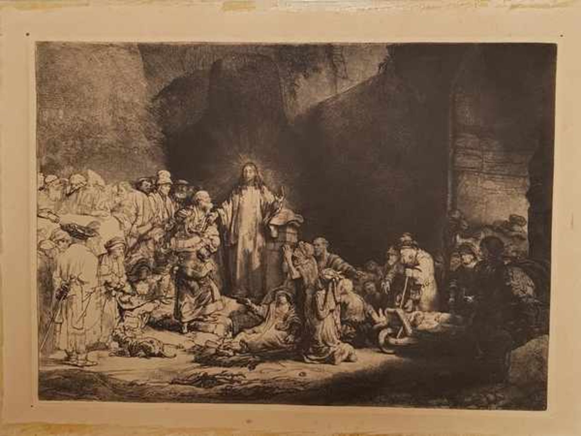 (Curiosa) Reproductie honderd gulden prent Rembrandt "Christus en de zieken genezend"Reproductie van