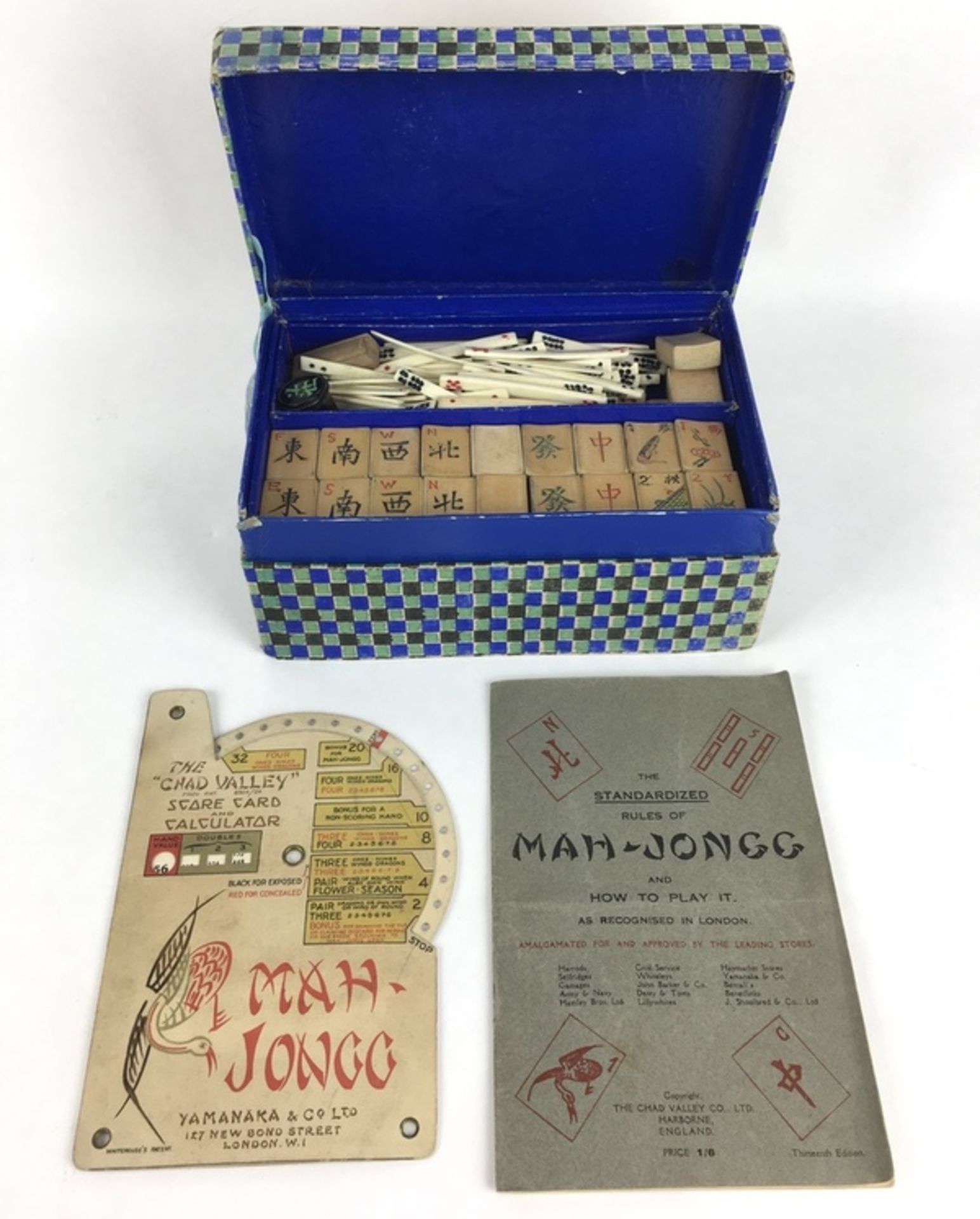 (Mahjong) Mahjong, Chad Valley 4-ladendoos, 1927De kleine blauw geblokte doos met uitzonderlijk - Image 5 of 7