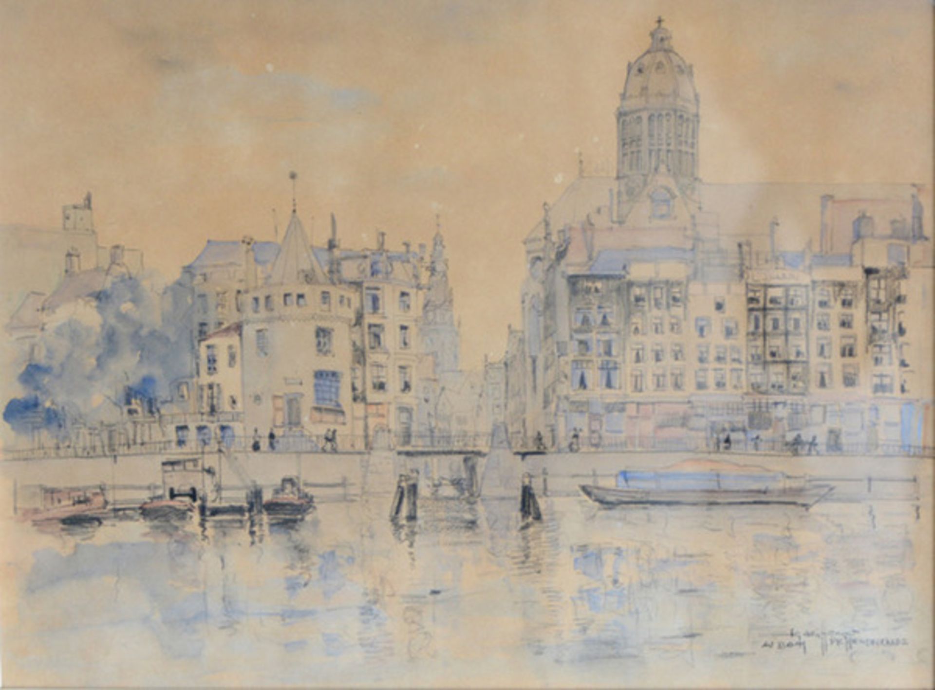 (Kunst) Schilderij, gemengde techniek, stadsgezicht Amsterdam door J.G. den Hengst, midden 20e eeuw - Image 3 of 5