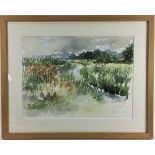 (Kunst) Aquarel, Irene MeuldijkAquarel, Drentse Aa bij Zeegse. Irene Meuldijk. Rechtsonder gesi