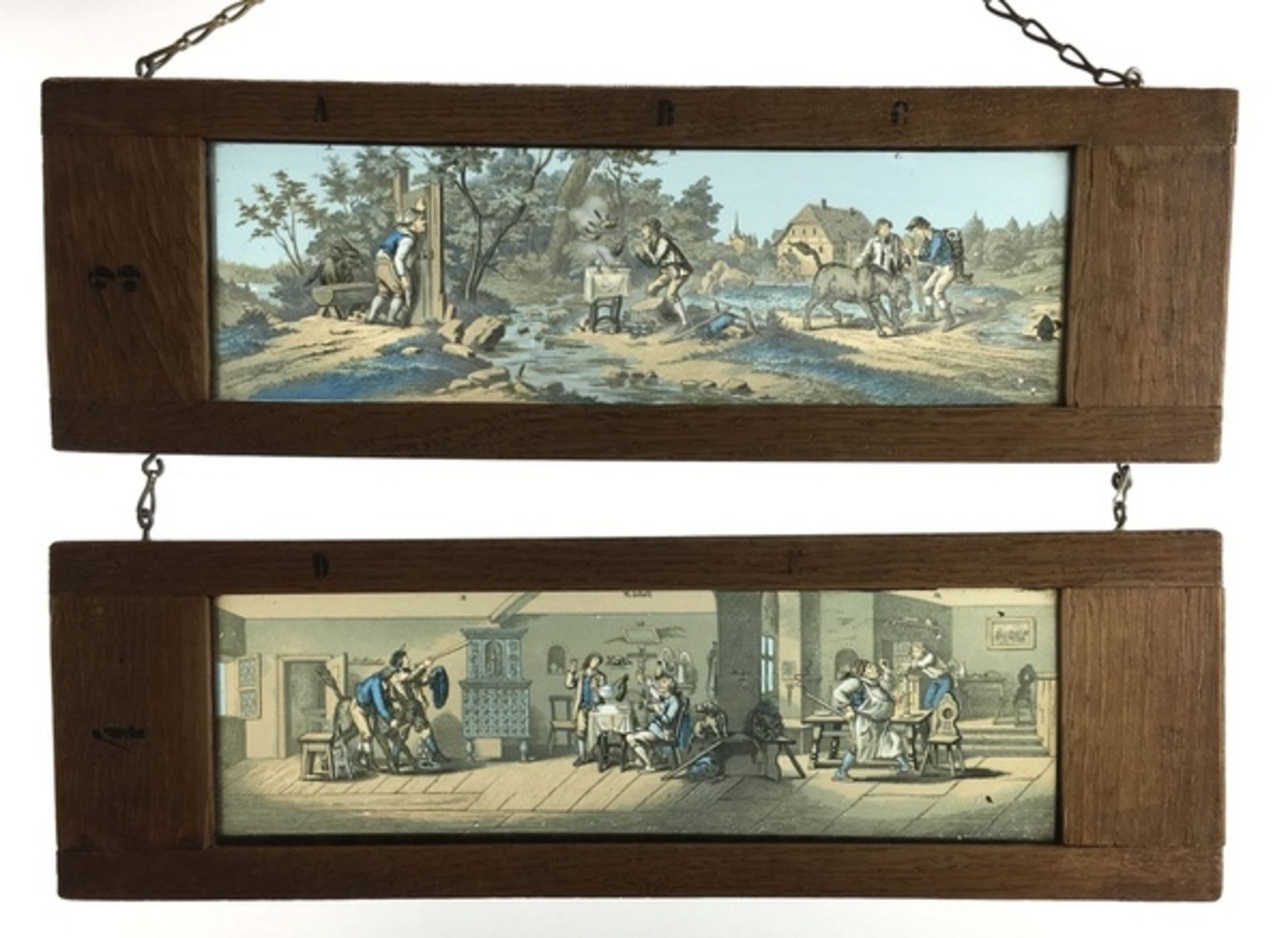 (Curiosa) ToverlantaarnVier verschillende toverlantaarnplaatjes in houten frame. Conditie: In g