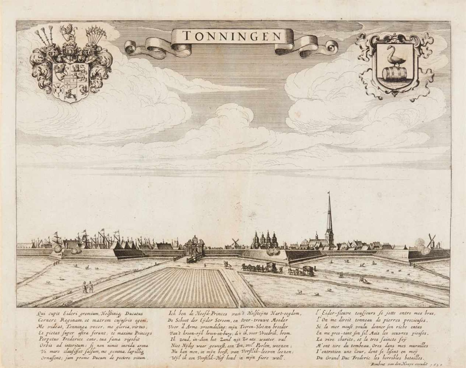 Tönning. Tonningen, Gesamtansicht.Radierung bei Rombout van den Hoeye, 1650. Plattengröße ca. 40 x