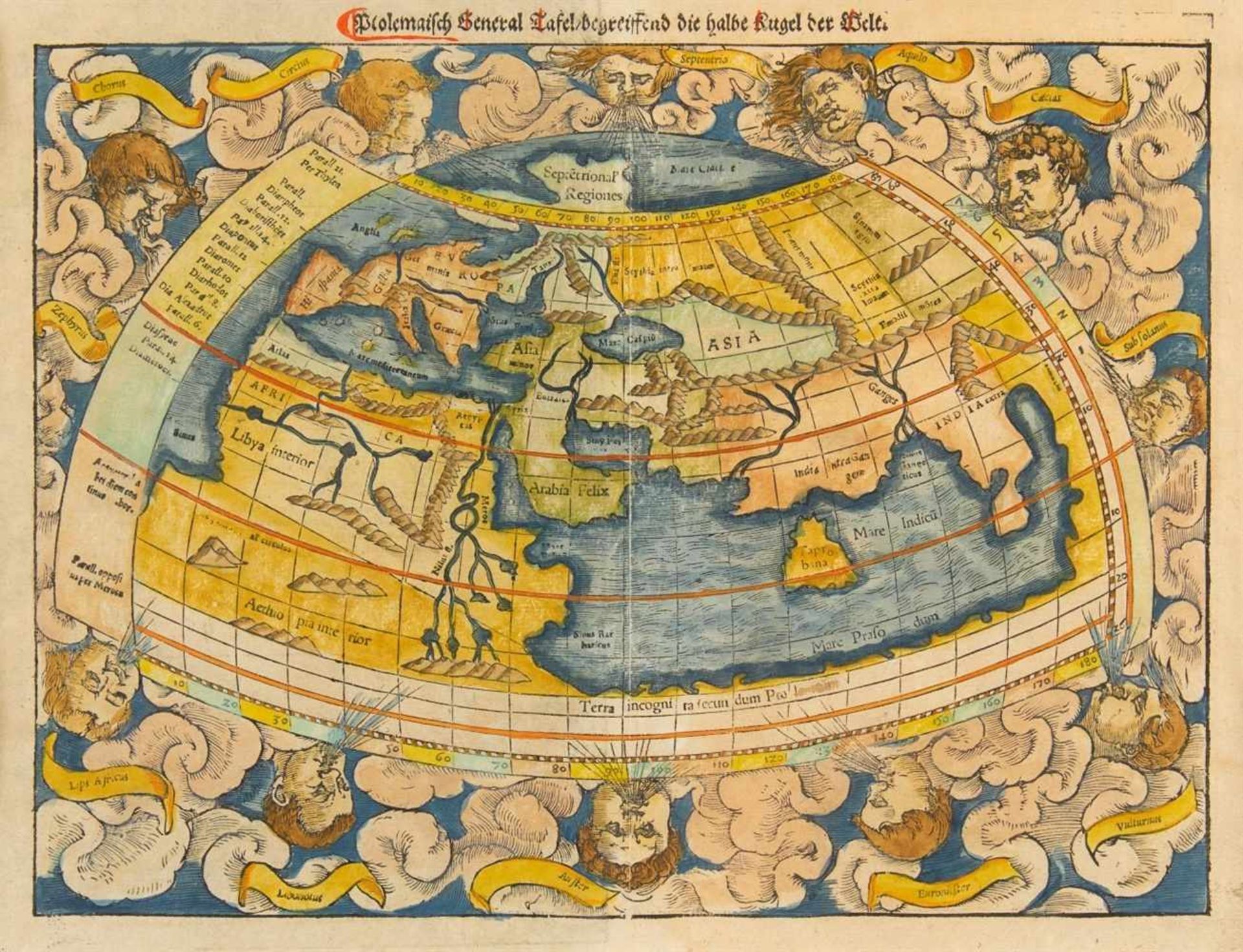 Weltkarte, ptolemäisch. Ptolemaisch General Tafel begreiffend die halbe Kugel der Welt, Mit den