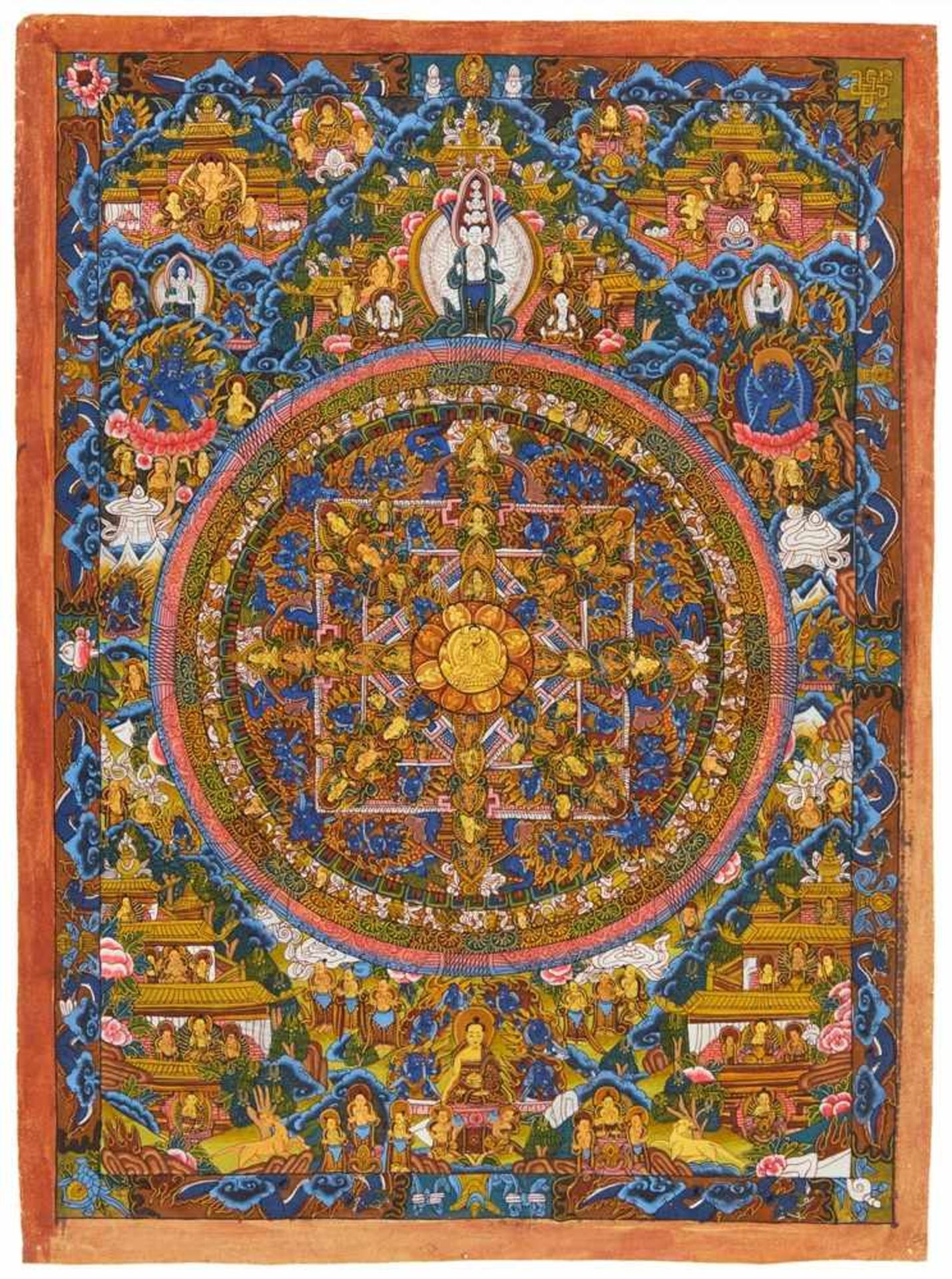 Buddhistische Malerei. Mandala. Aquarell und Gouache mit Goldhöhung auf Papier, auf Leinen