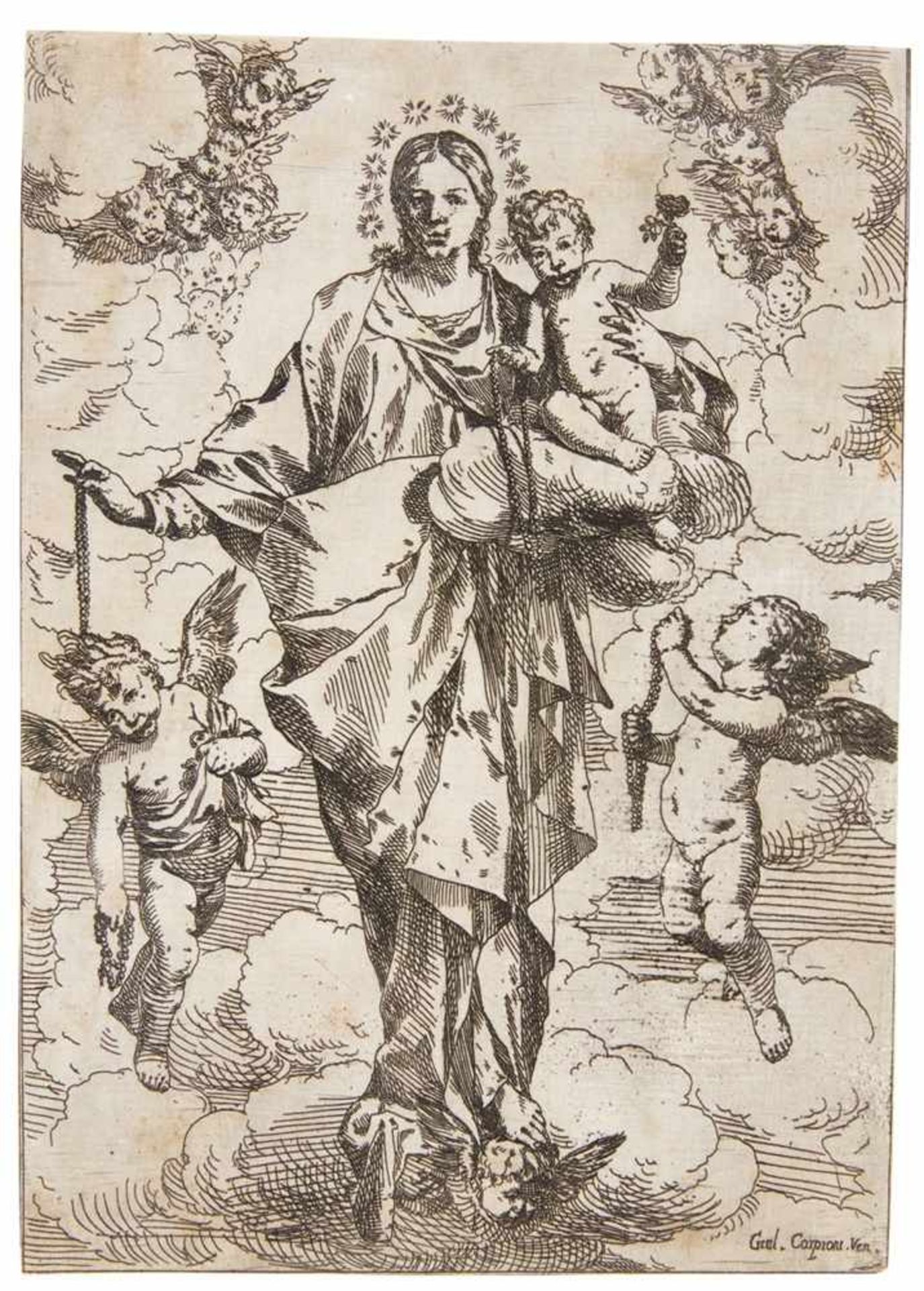 GIULIO CARPIONI Venedig 1613 - 1678 Vicenza Die Rosenkranz-Madonna, umgeben von Engeln. Radierung