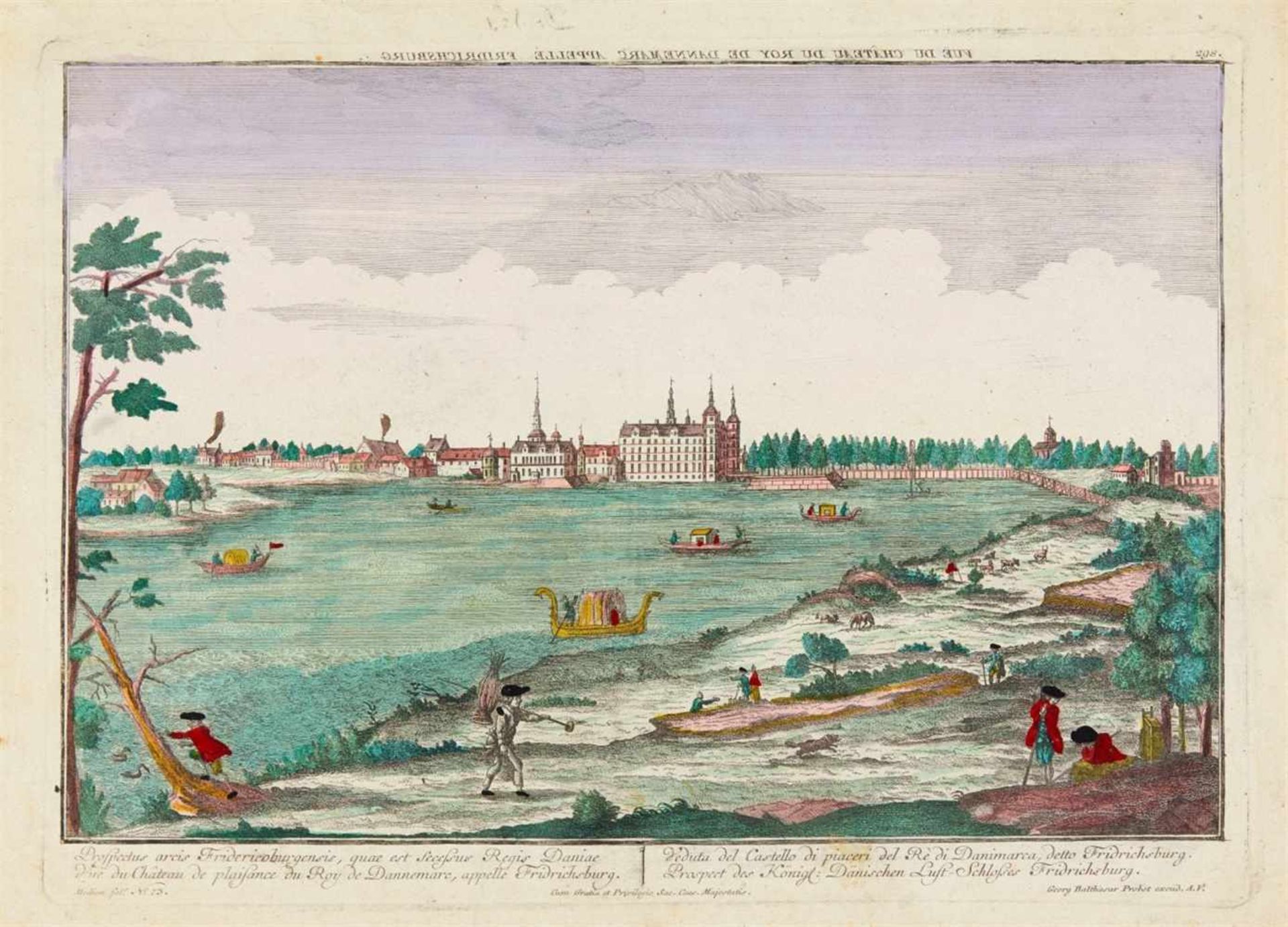 Dänische Schlösser. 4 Guckkastenbilder. Kolorierte Radierungen des 18. Jahrhunderts, bei Georg