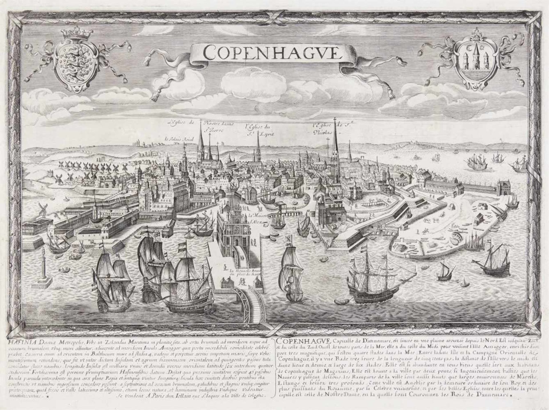 Kopenhagen. Copenhague. Hafinia Daniae Metropolis ..., Gesamtansicht mit Schiffstaffage, zwei Wappen