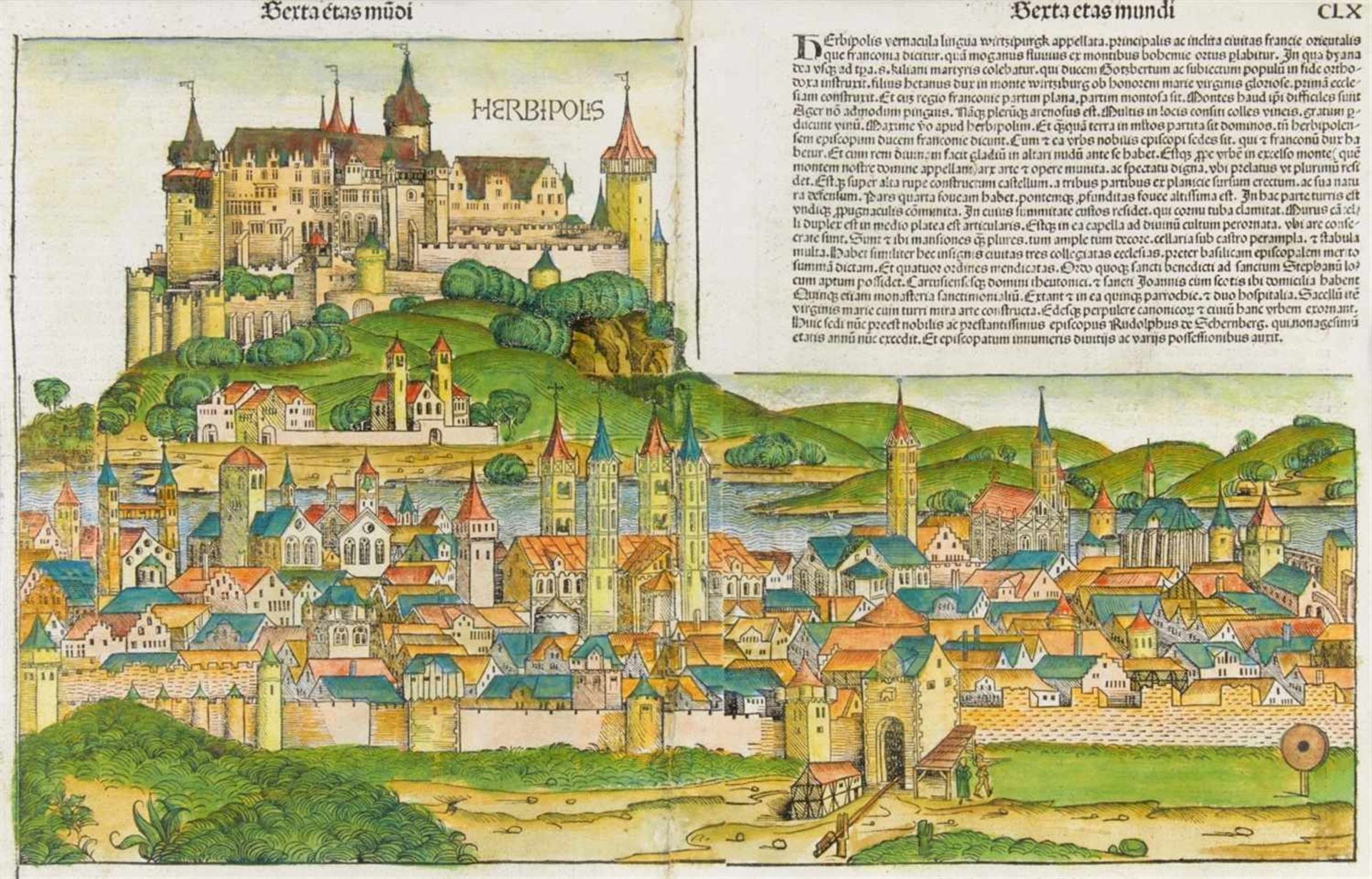 Würzburg. HERBIPOLIS. Gesamtansicht. Kolorierter Holzschnitt auf 2 zusammengesetzten Seiten aus
