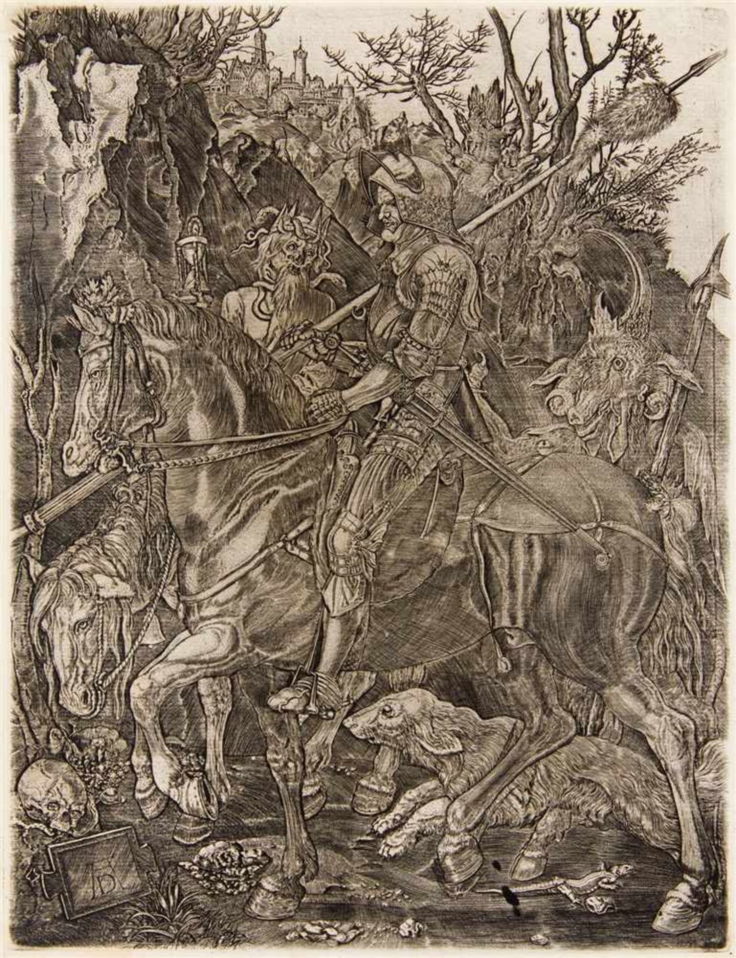 ALBRECHT DÜRER, Kopie nachNürnberg 1471 - 1528Ritter, Tod und Teufel. Kupferstich auf Bütten.