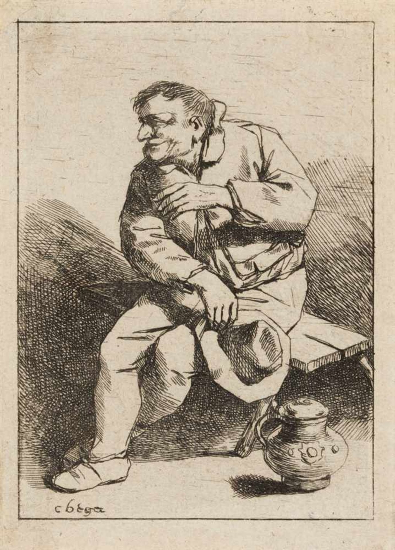 CORNELIS BEGAHaarlem 1620 - 1664Sitzender Mann mit seinem Hut in der rechten Hand. Radierung auf
