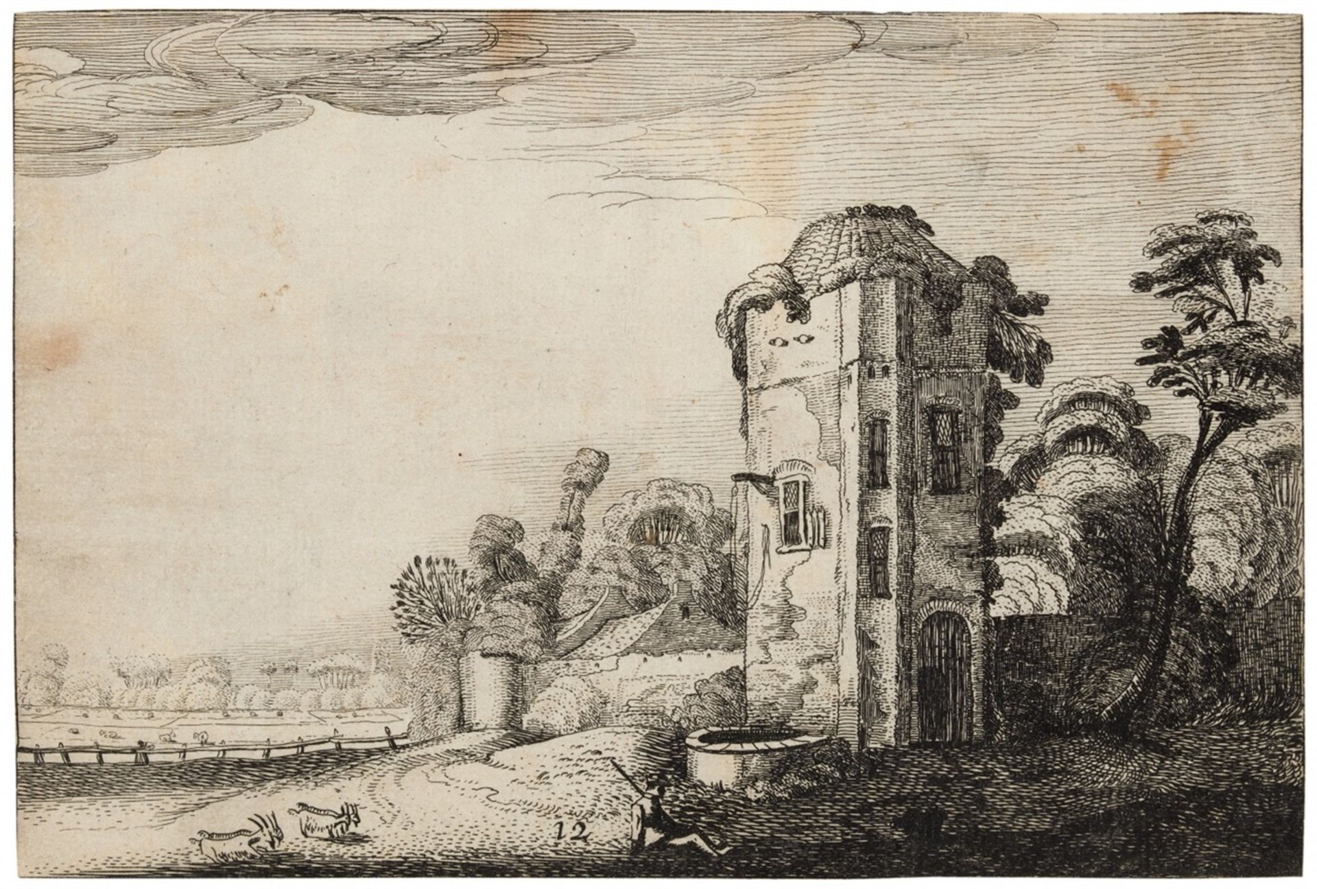 JAN VAN DE VELDE II Delft 1593 – 1641 Enkhuizen Turm mit Brunnen.1616. Radierung auf Bütten, aus