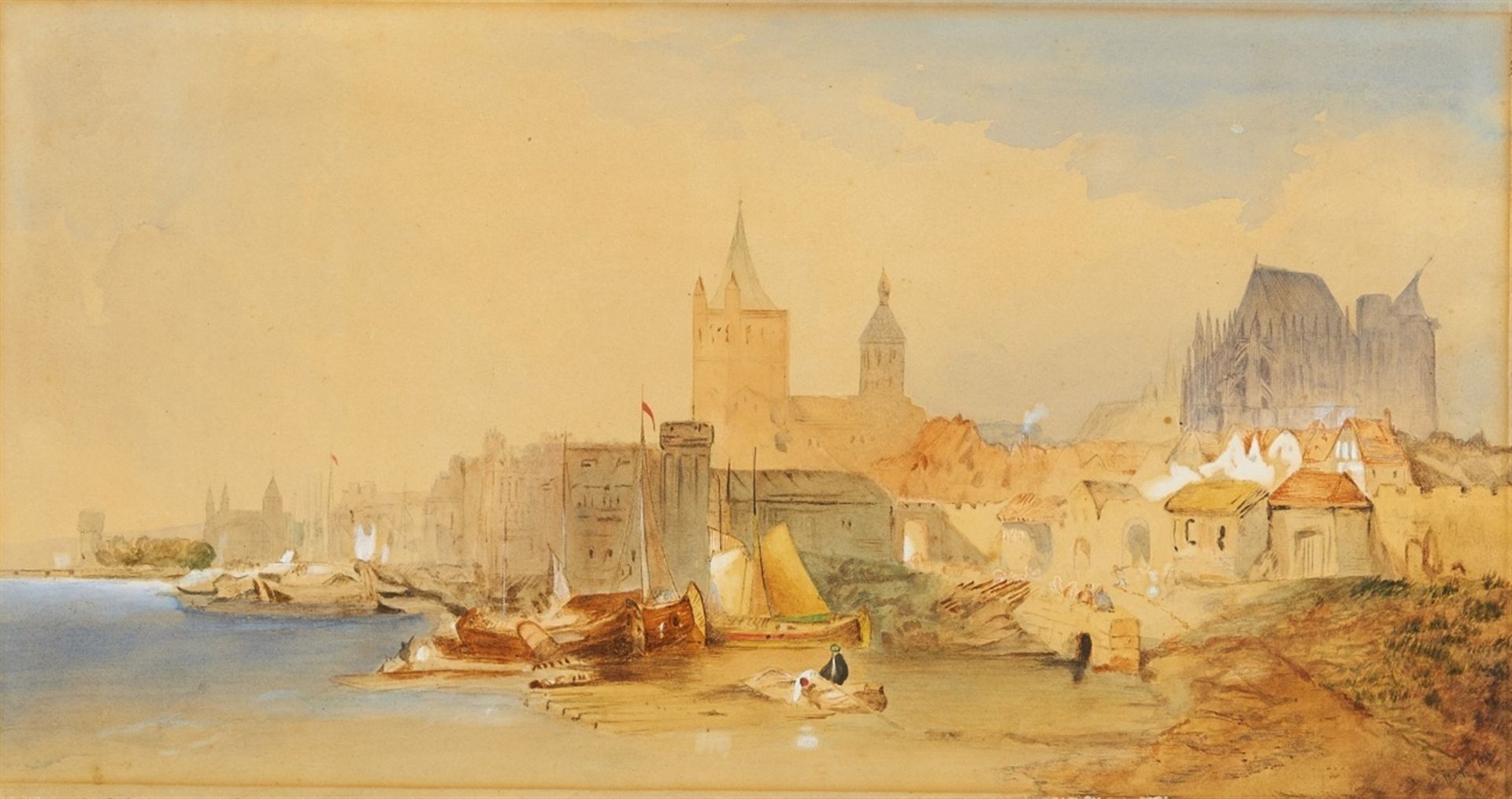 Nordrhein-Westfalen/Köln. - Uferansicht von Norden.1866 Aquarell und Deckweiß auf Velin. 27 x 51 cm.