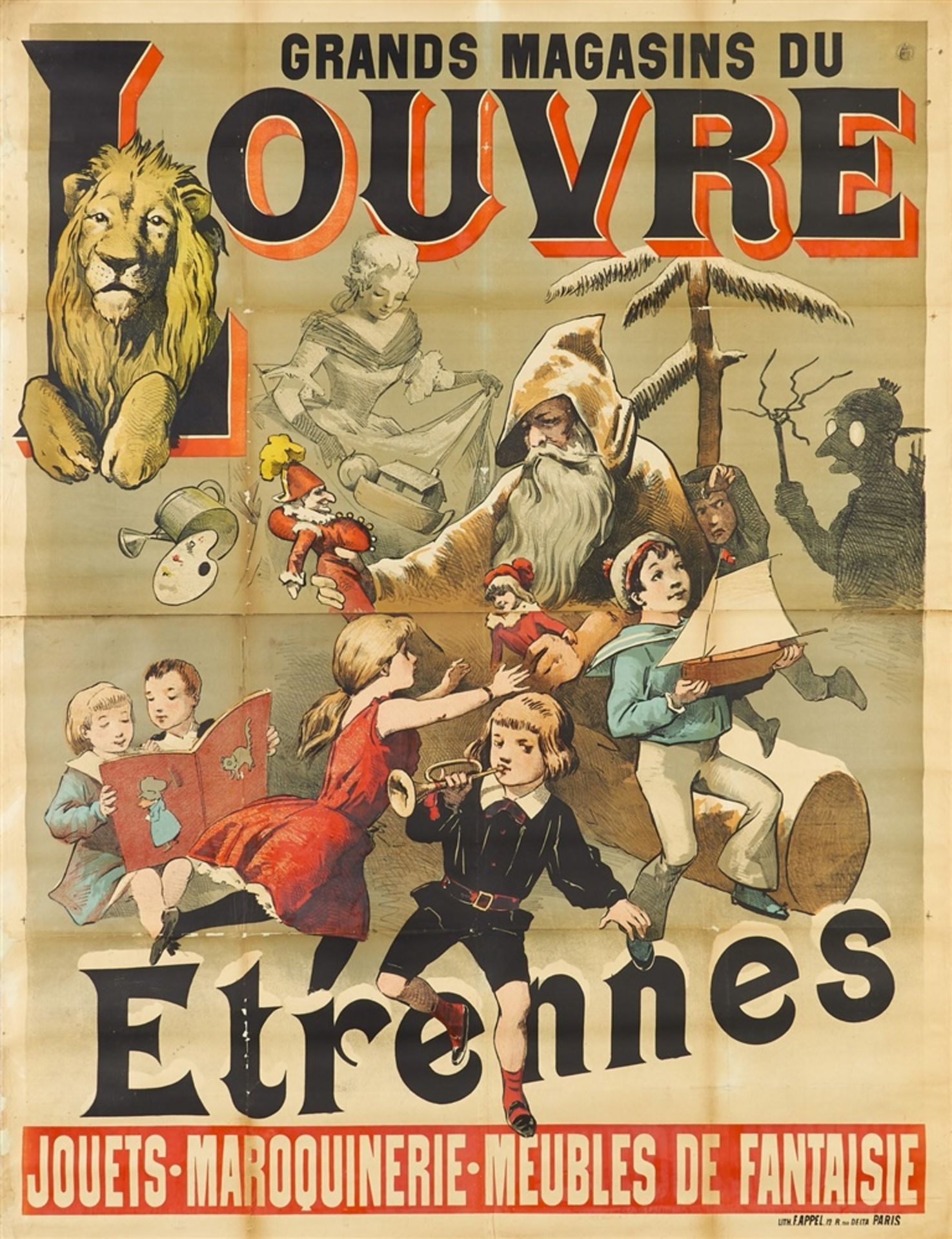 ADOLPHE LÉON WILLETTE 1857 - 1926 GRANDS MAGASINS DU LOUVRE – ETRENNES. JOUETS. MAROQUINERIE.