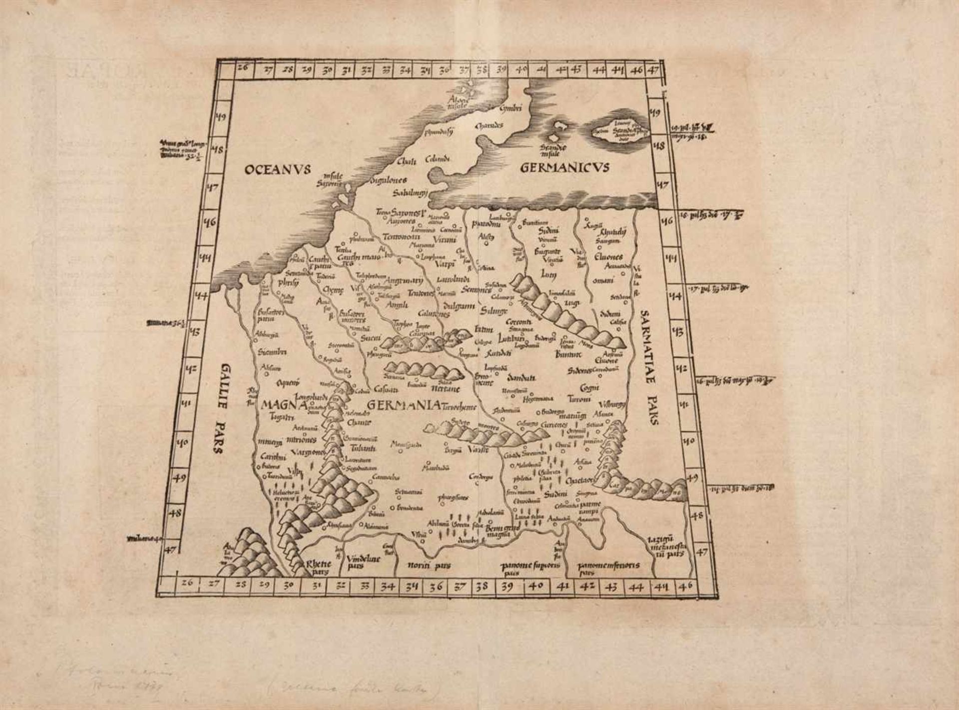 Deutschland. Tabula IIII. Europae Magna Germania.Holzschnittkarte nach Ptolemäus, um 1520. Bildgröße