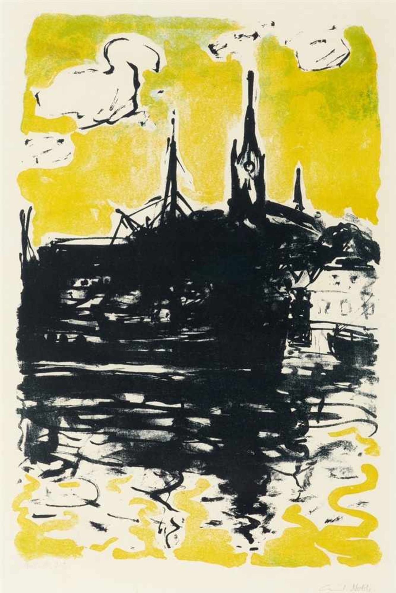 EMIL NOLDE 1867 - 1956KIRCHE UND SCHIFF, SONDERBURG, 1907 (1915)Lithographie in drei Farben (