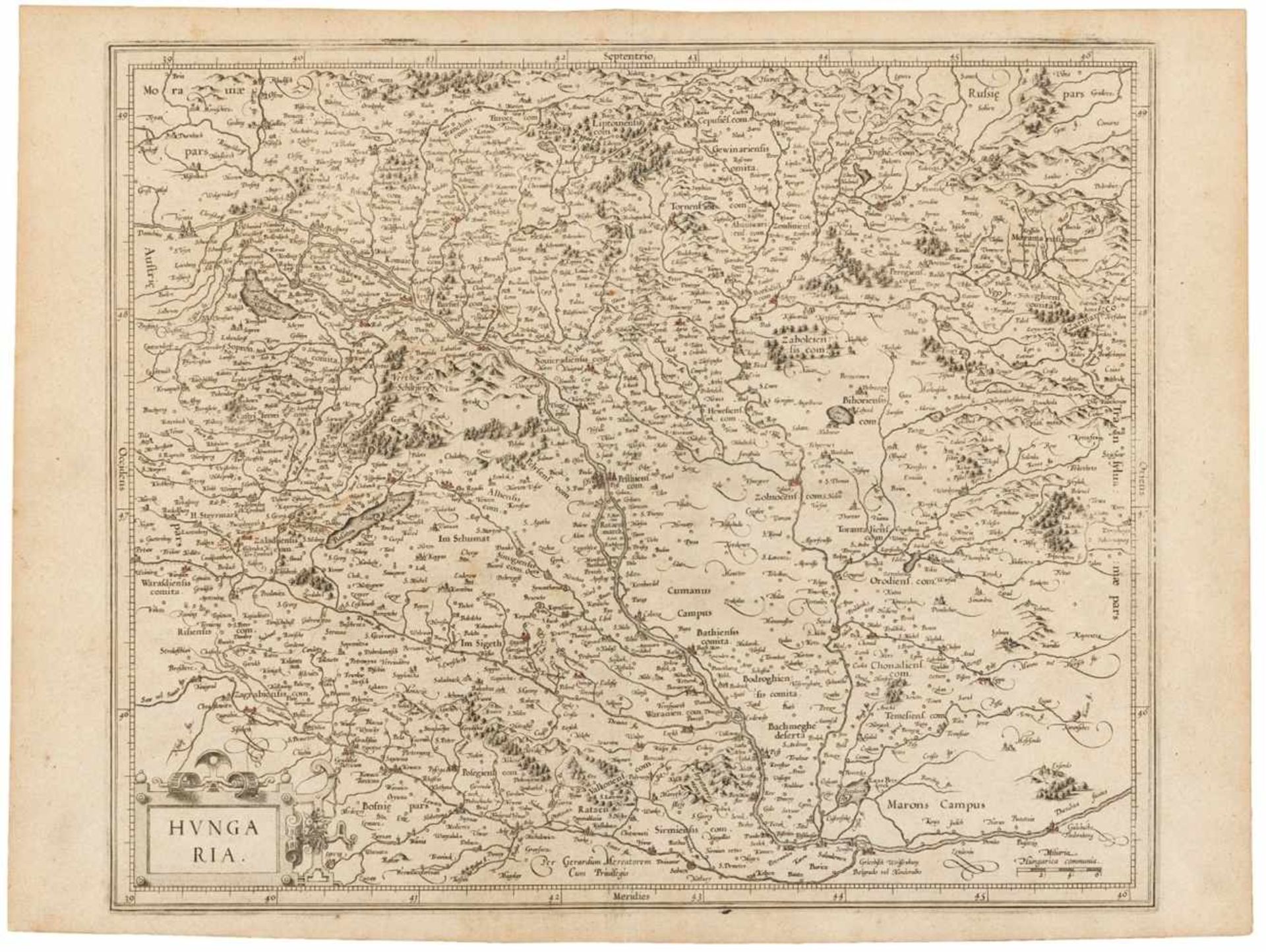 Ungarn. Hvngaria. Kupferstichkarte von Gerard Mercator auf Bütten, um 1630. Plattengröße 37 x 44,7