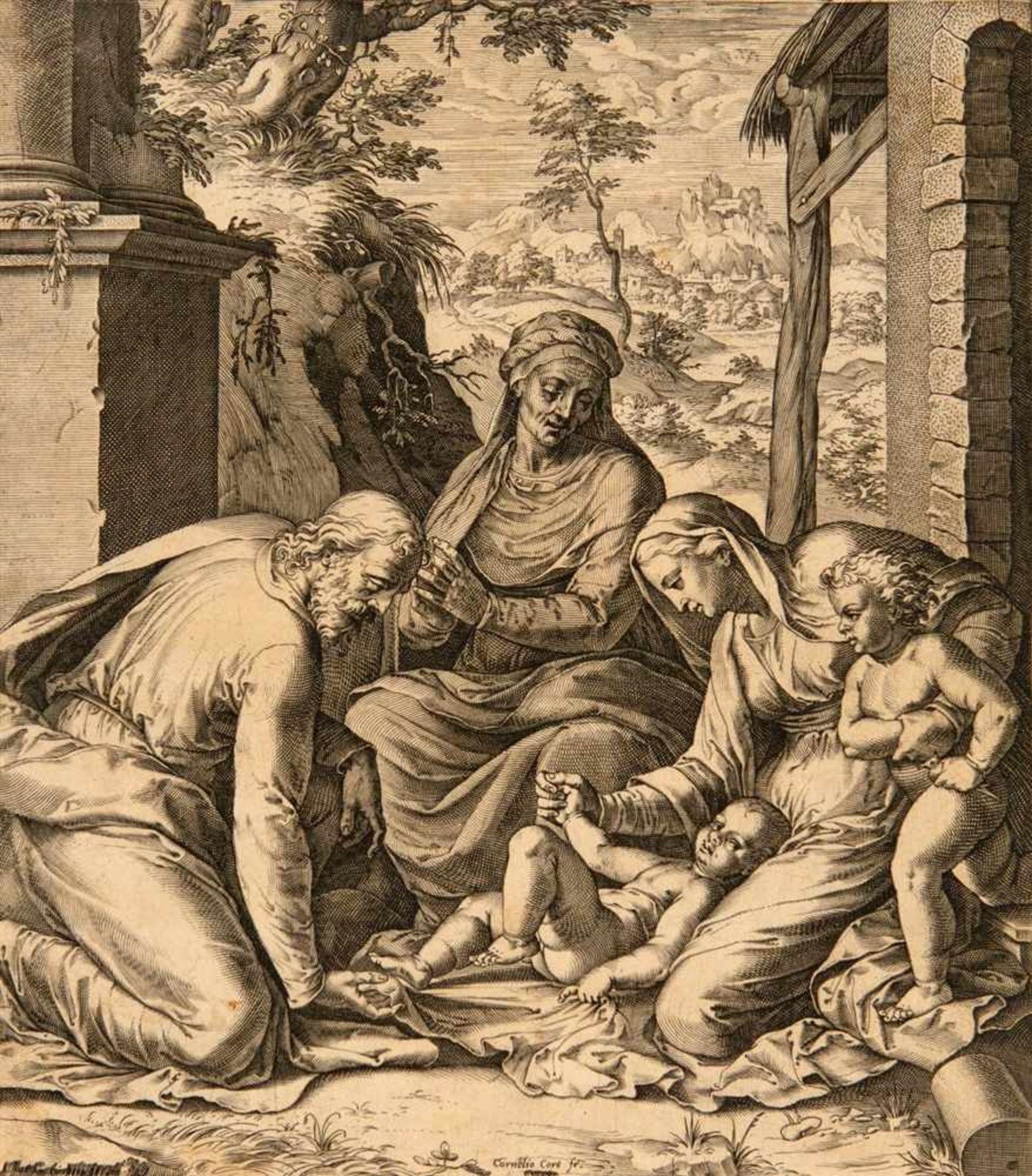 CORNELIS CORT Hoorn o. Edam 1533 - 1578 Rom Die Heilige Familie mit der Heiligen Anna und Johannes