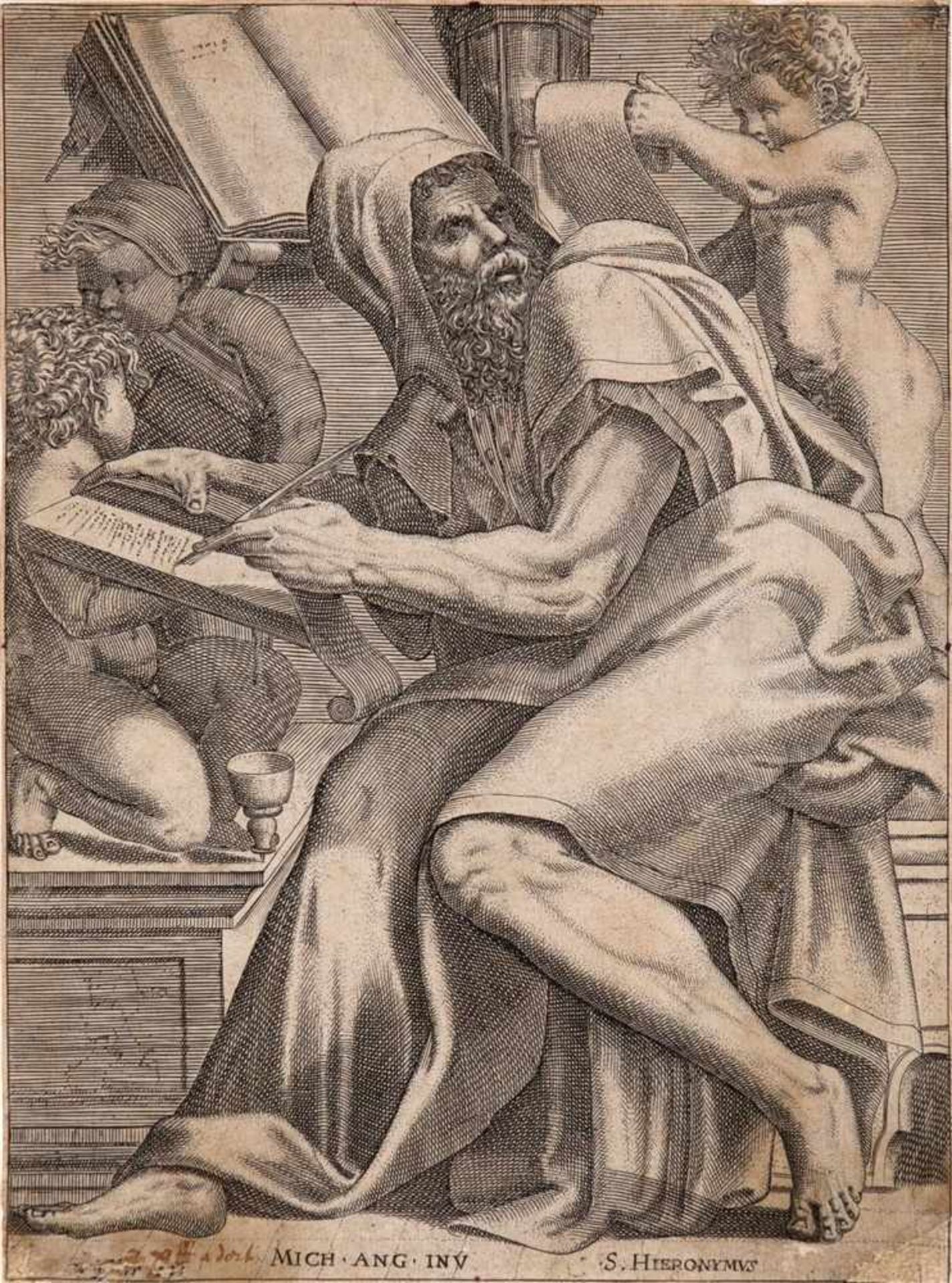 RENÉ BOYVINAngers um 1525 - nach 1580 Rom Un Prophète (Der Heilige Hieronymus). Kupferstich auf