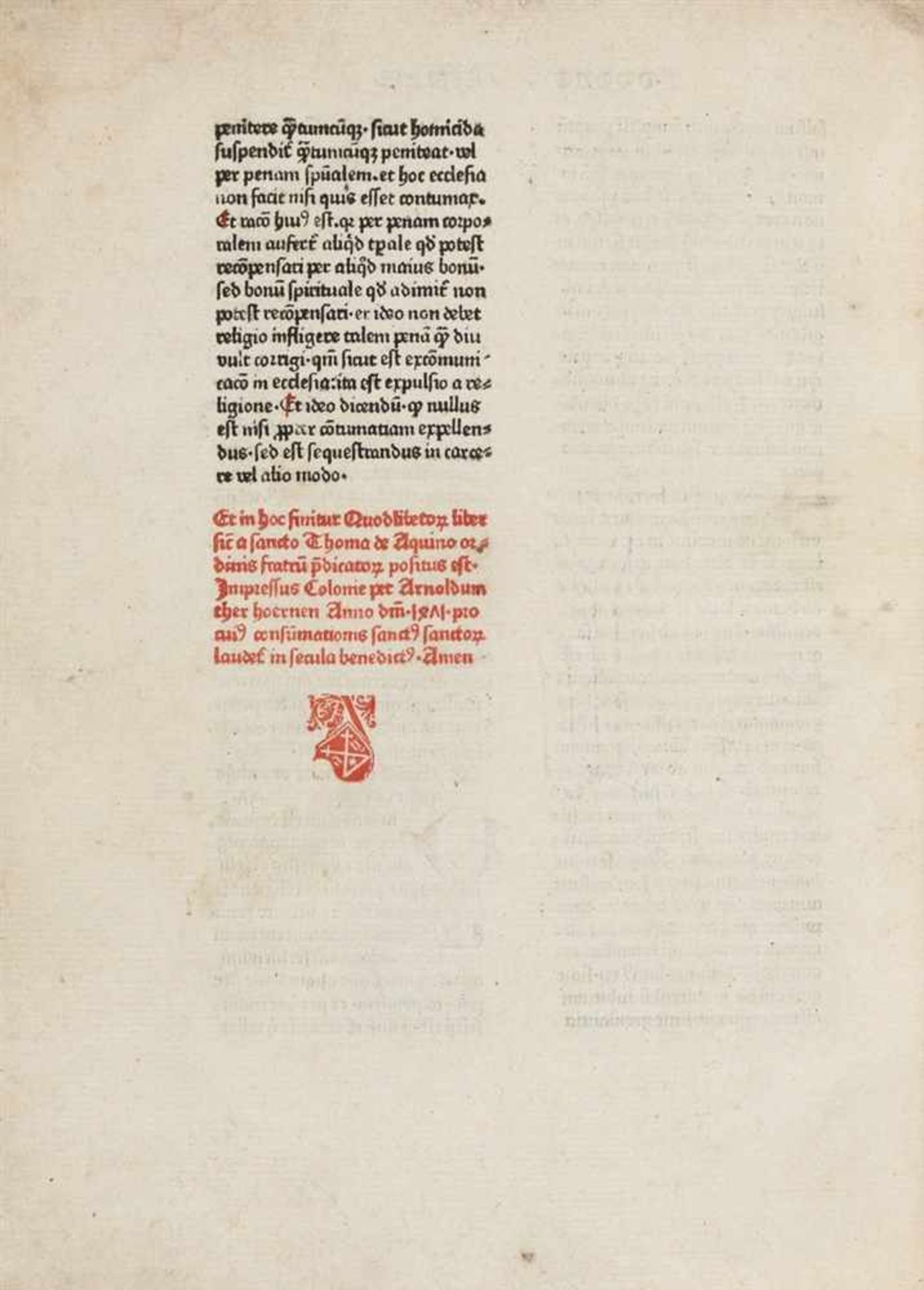 Thomas de Aquino: Quaestiones de duodecim quodlibet. Köln: Arnold Therhoernen 1471.28,7 x 20,7 cm. - Bild 3 aus 3