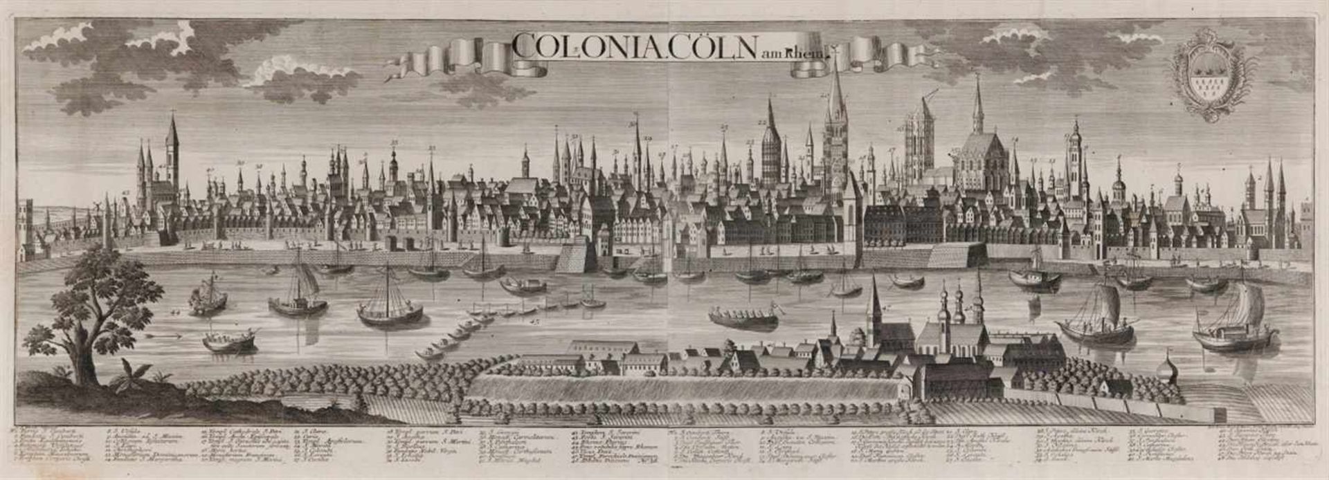 Köln. – Colonia Cöln am Rhein, große Panoramaansicht mit Blick über Deutz und den Rhein mit