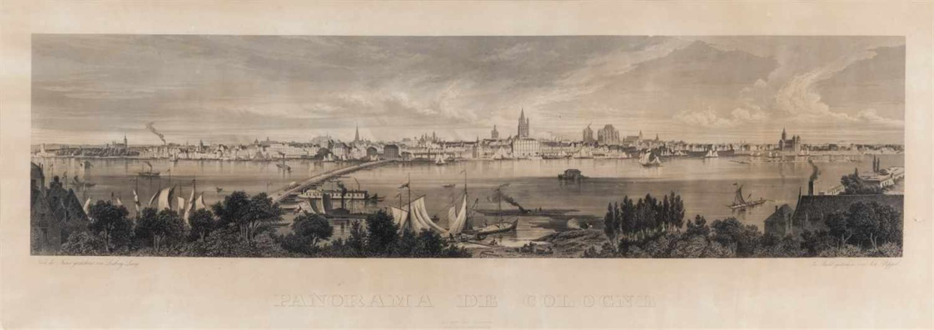 Köln. – Panorama de Cologne, Panoramaansicht über den Rhein, im Vordergrund das bewaldete Deutzer