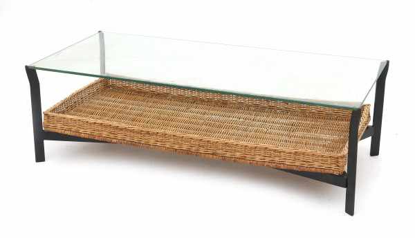 Midcentury ModernA rectangular black metal and glass coffee table with wickered cane magazine - Image 2 of 2