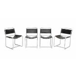 Claire Bataille & Paul IbensFour chromium plated metal SE18 dining chairs with black leather seats