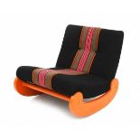 SeventiesA rocking chair on later re-lacquered orange wooden base, the seat upholstered in black and